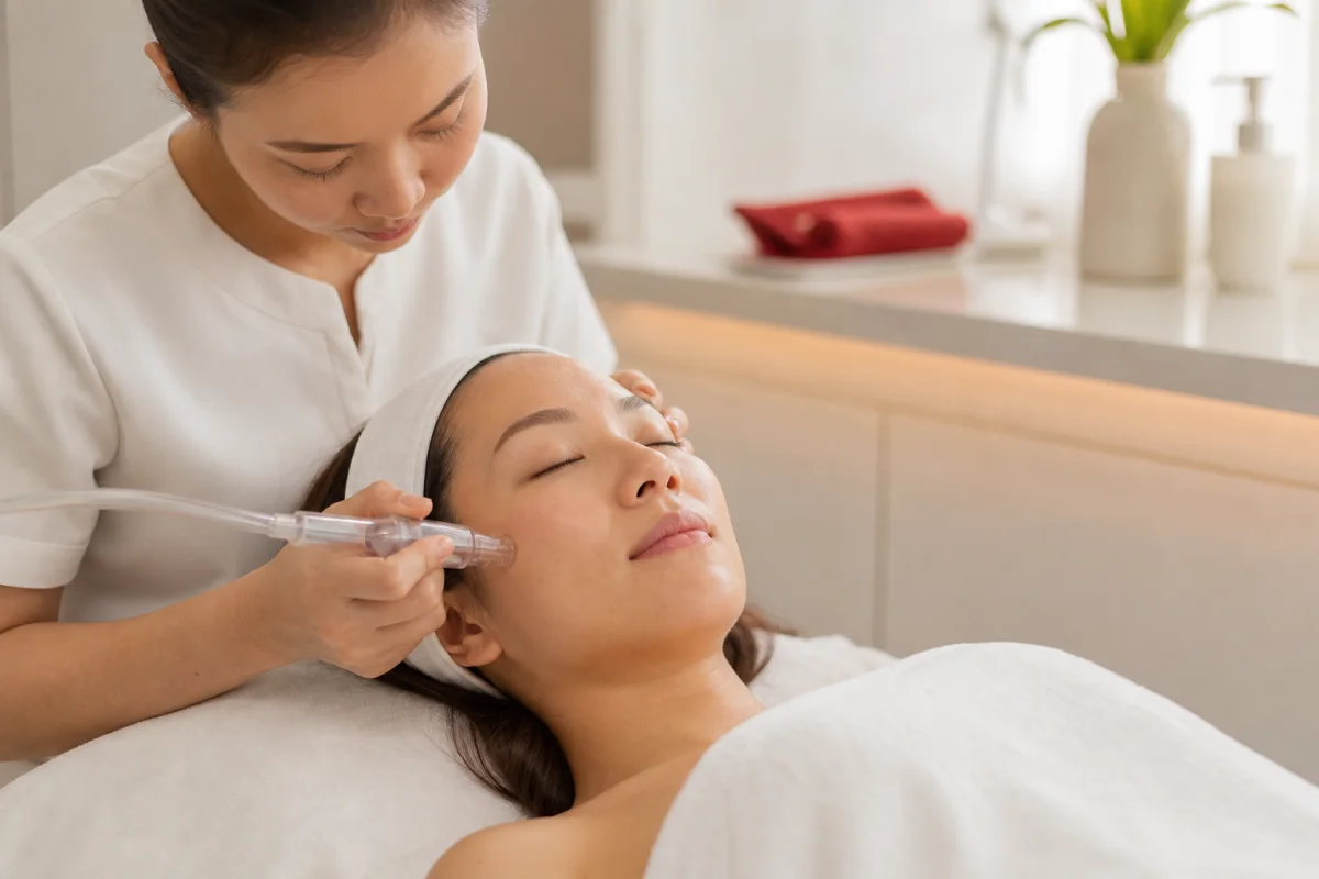 A facialist using a hydradermabrasion handpiece on a client's cheek