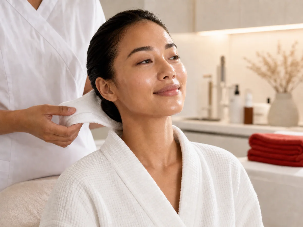 A client after a glow-focused facial in a warm neutral treatment room