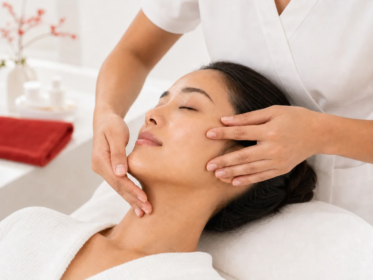 A facialist performing gentle drainage strokes around the face and neck