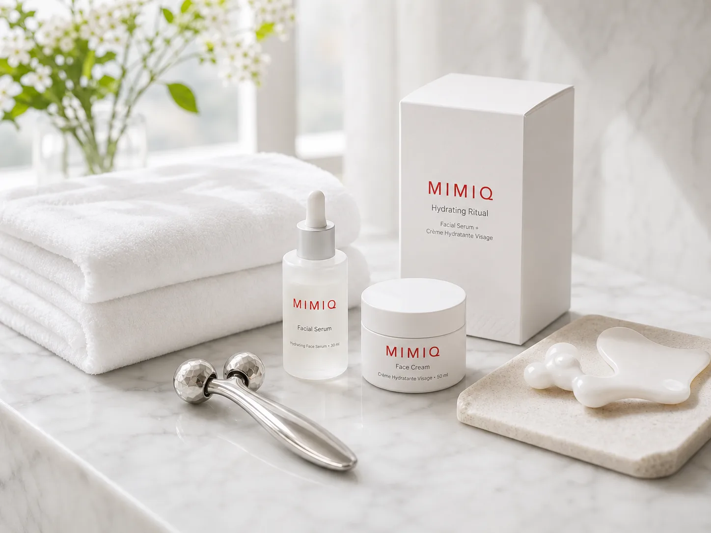 MIMIQ hydration products, facial tools and fresh towels for monthly face workout maintenance in Bangkok