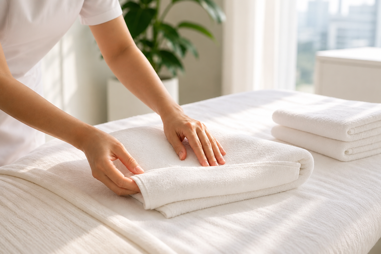 MIMIQ therapist preparing fresh towels for a morning face workout treatment in Bangkok