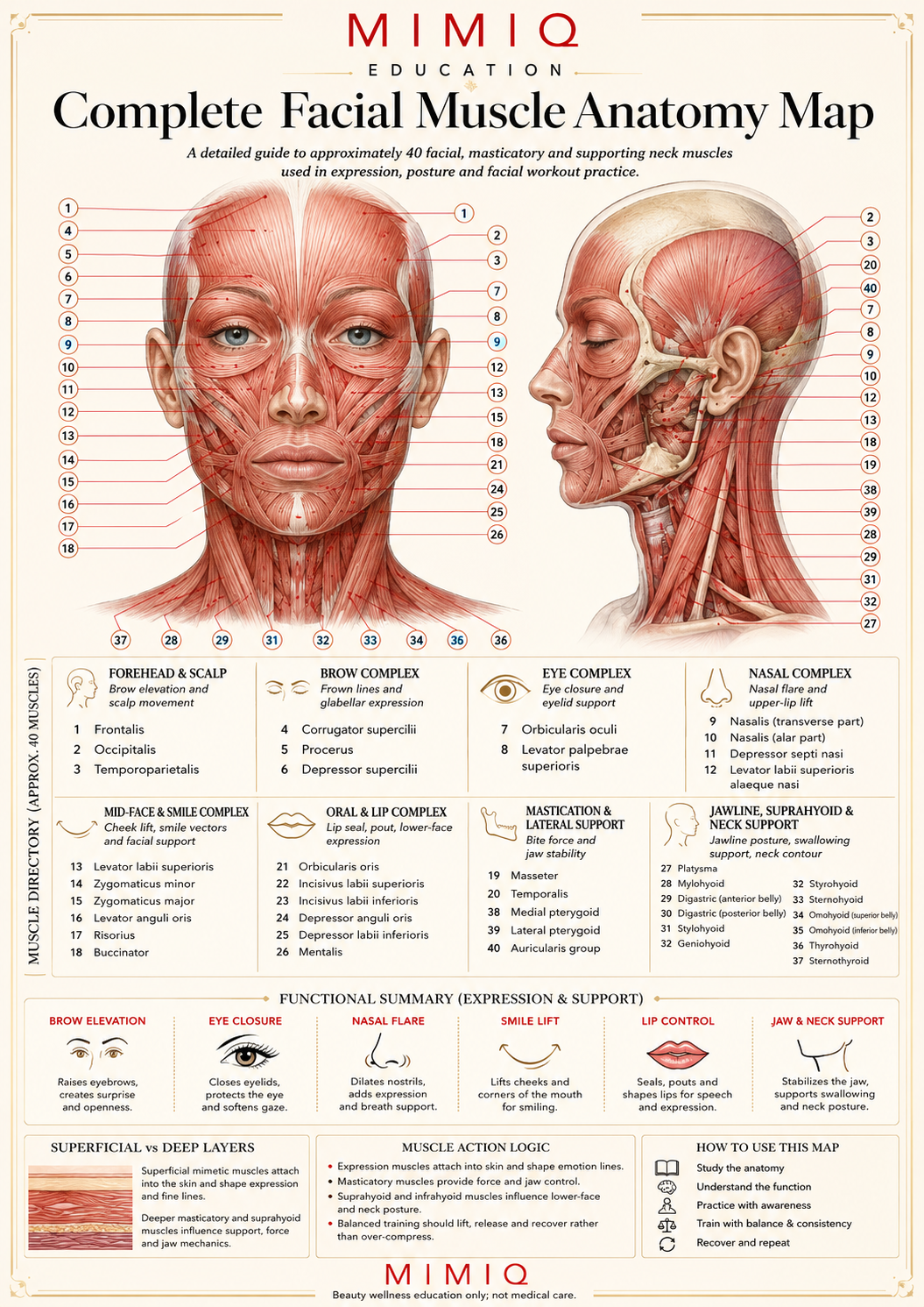 MIMIQ complete facial muscle anatomy map infographic for face workout in Bangkok