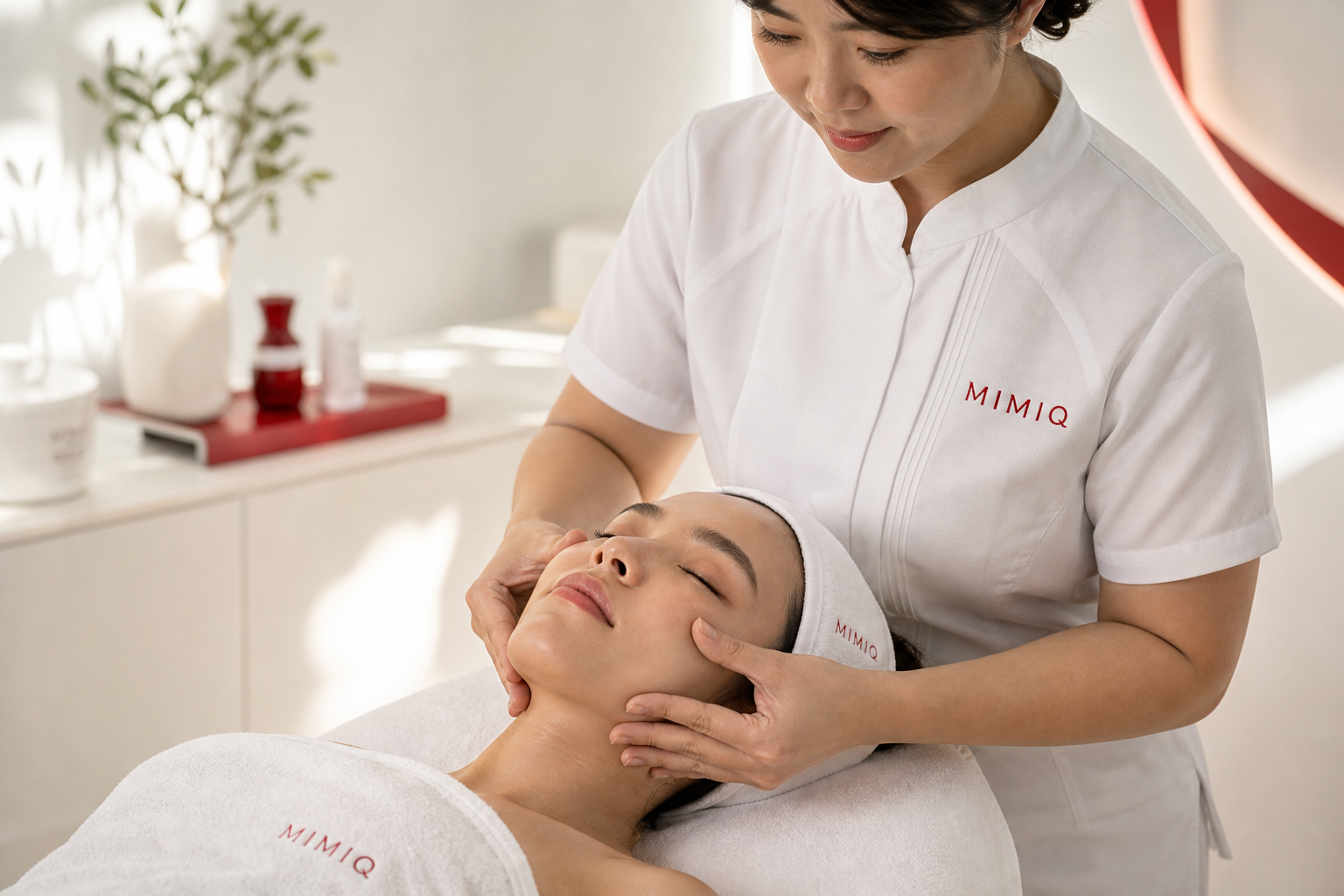MIMIQ therapist in white uniform performing a face gym treatment in Bangkok