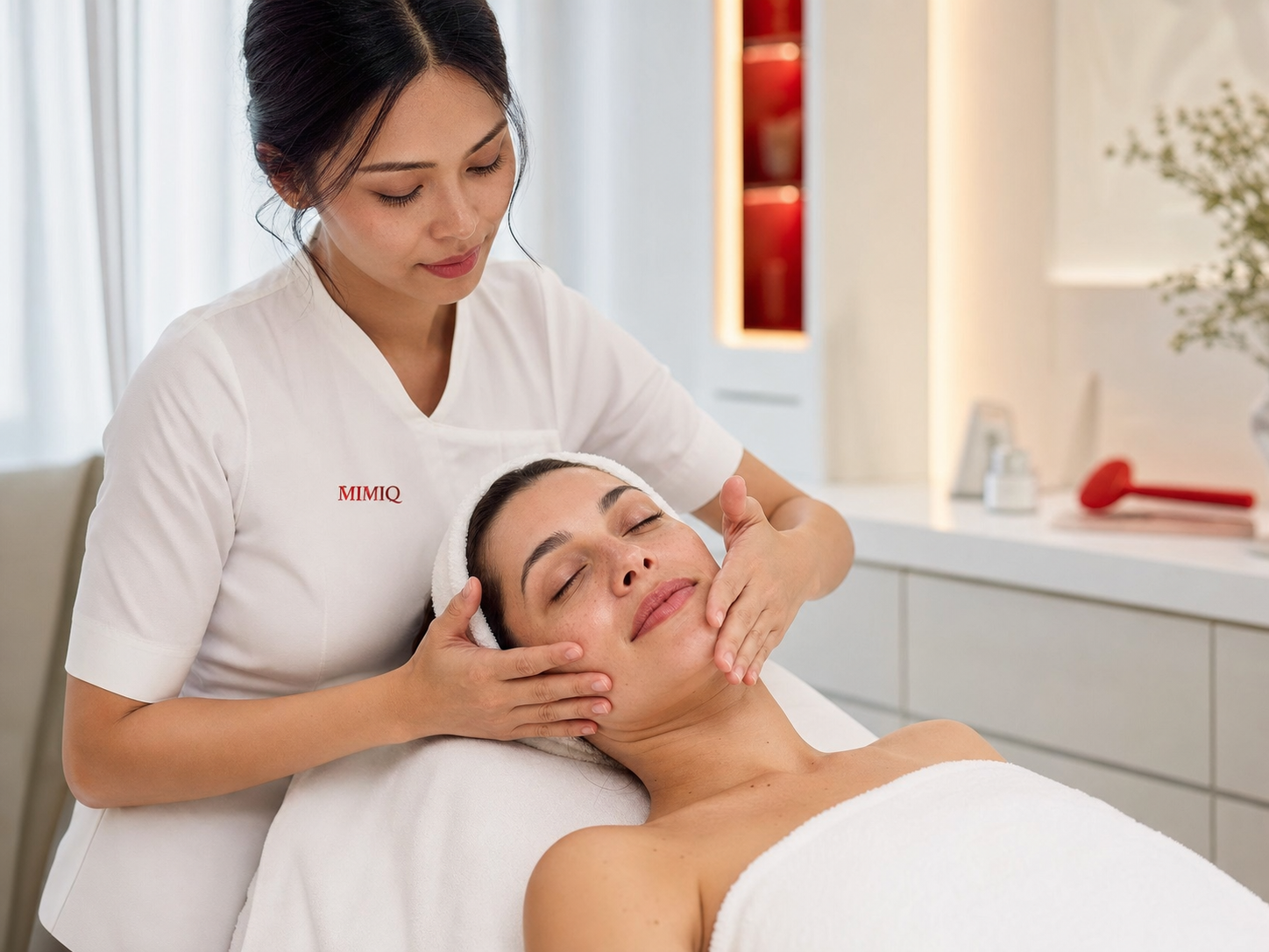 MIMIQ Bangkok facial therapist performing gentle lymphatic drainage facial massage