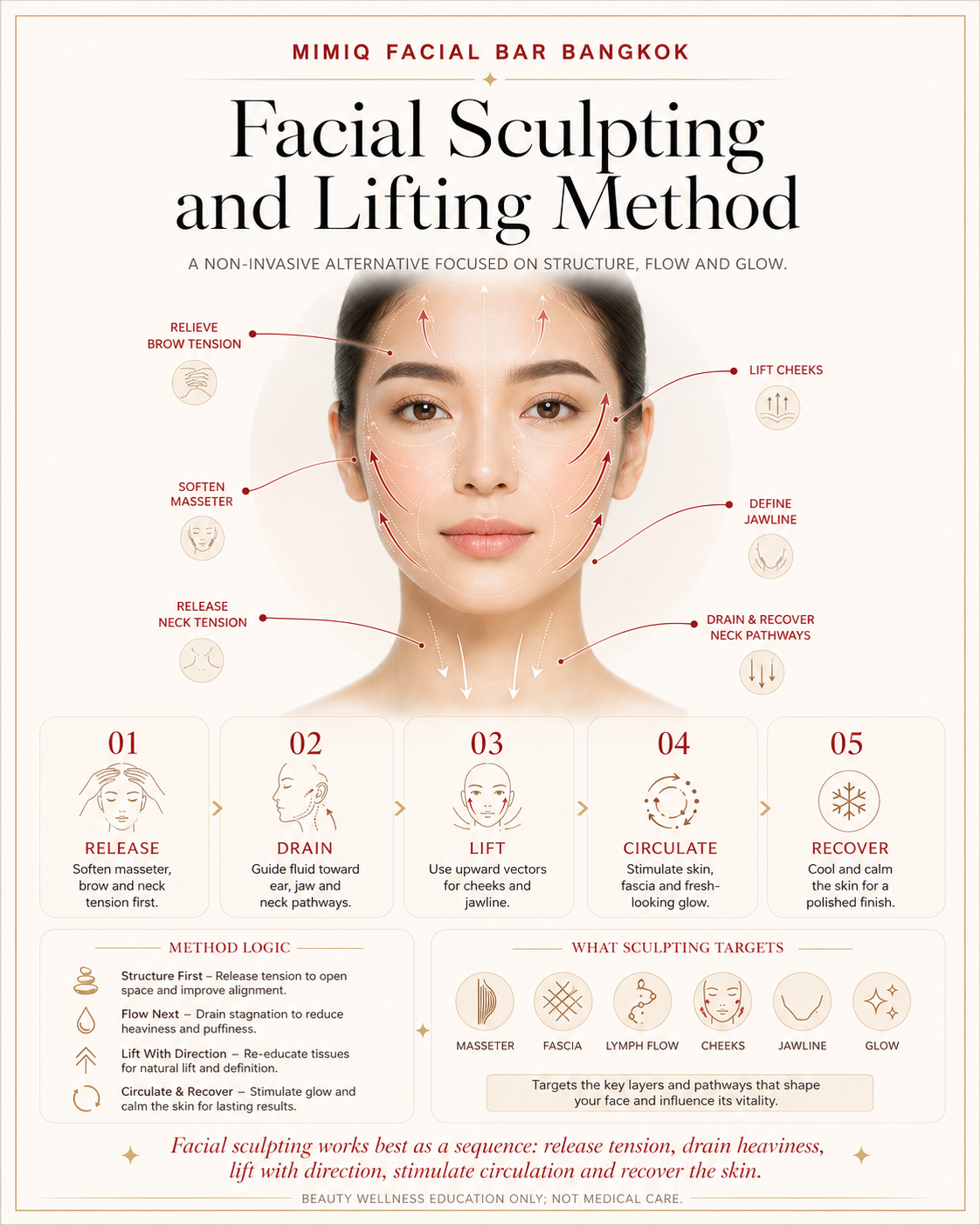MIMIQ infographic explaining facial sculpting release drainage lift circulation and recovery