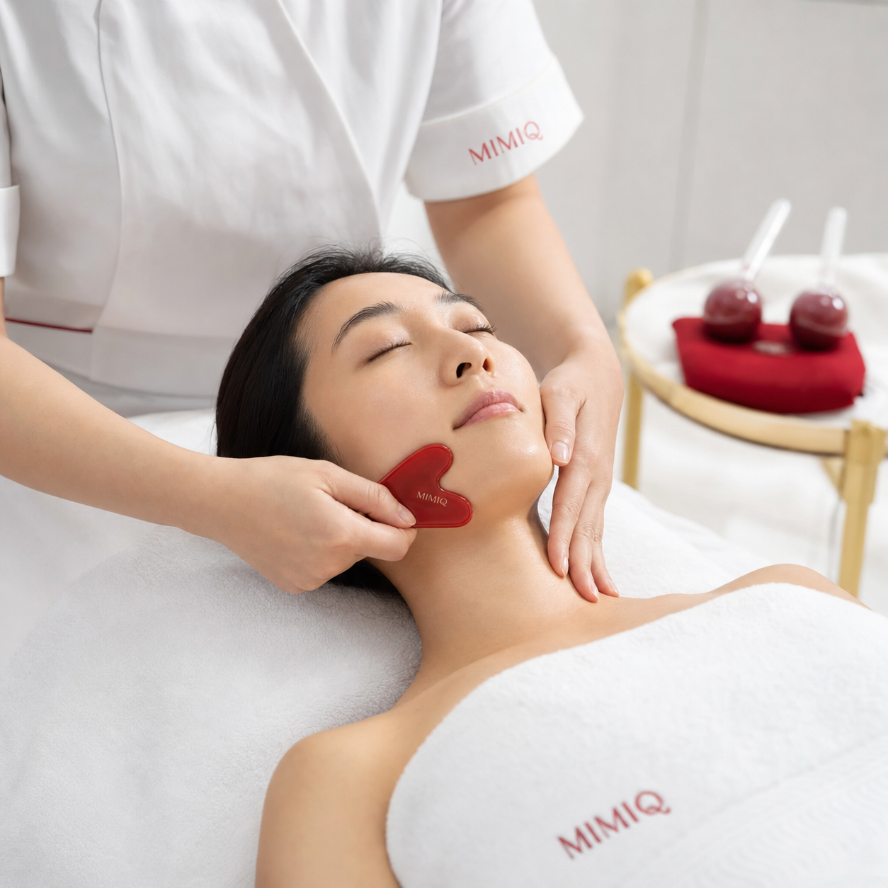 MIMIQ therapist performing facial sculpting and lifting with red gua sha tool
