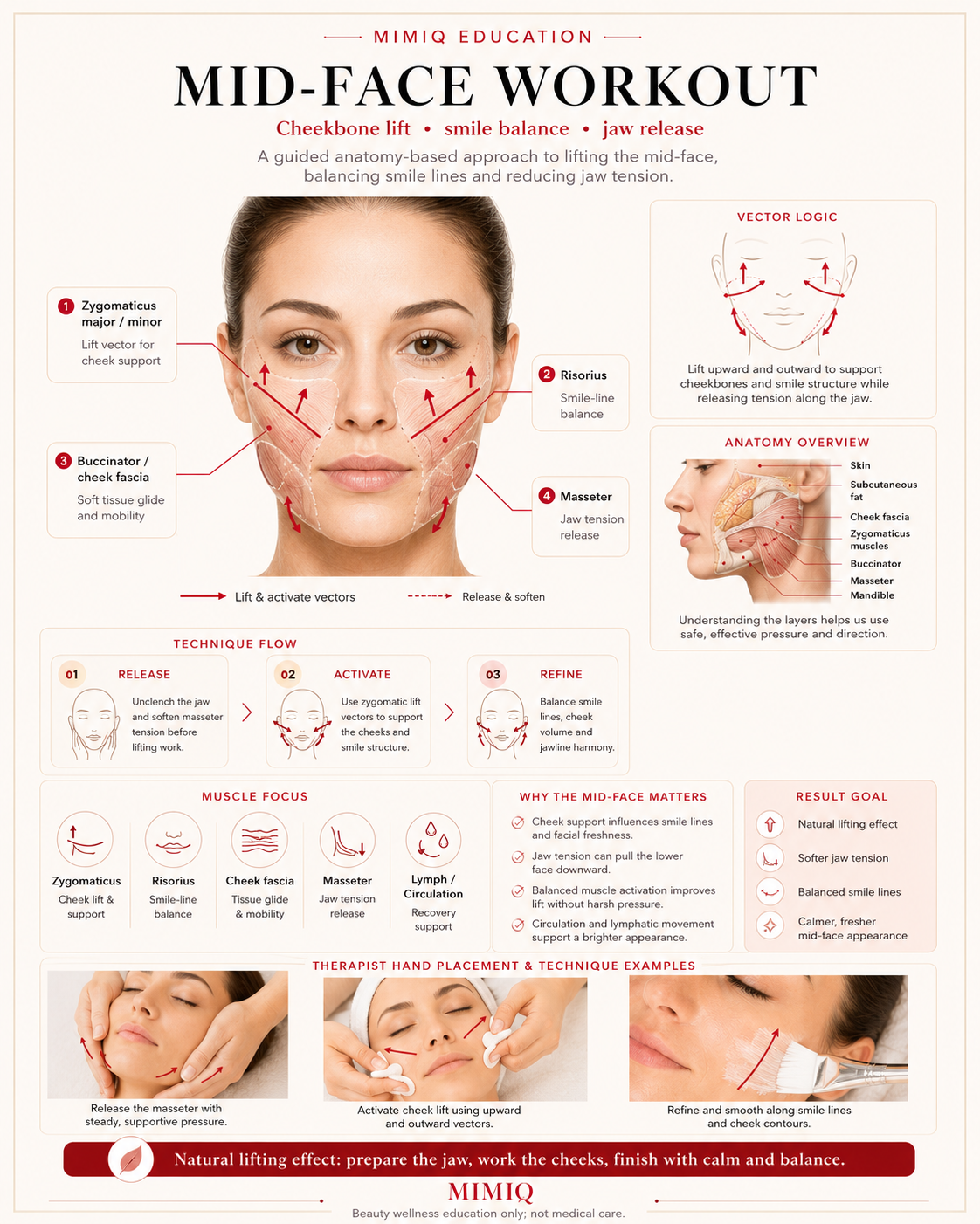 MIMIQ infographic showing zygomaticus risorius and masseter zones for mid-face workout