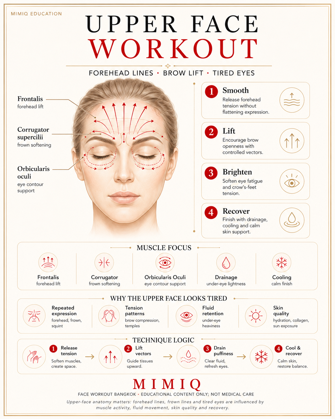 MIMIQ infographic showing the frontalis corrugator supercilii and orbicularis oculi muscles for upper face workout