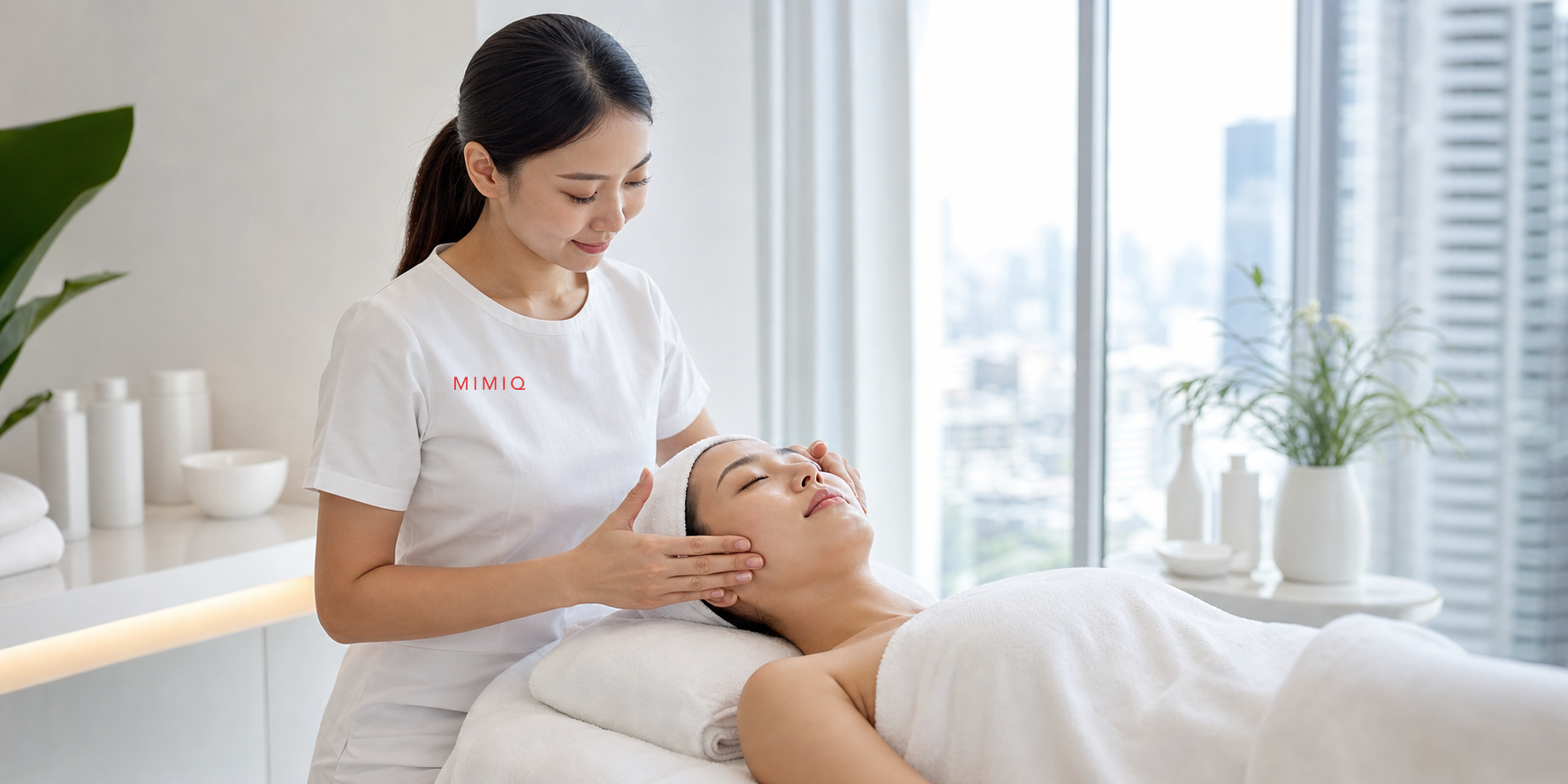 Client receiving a gentle air-con skin recovery facial at MIMIQ Facial Bar in Bangkok