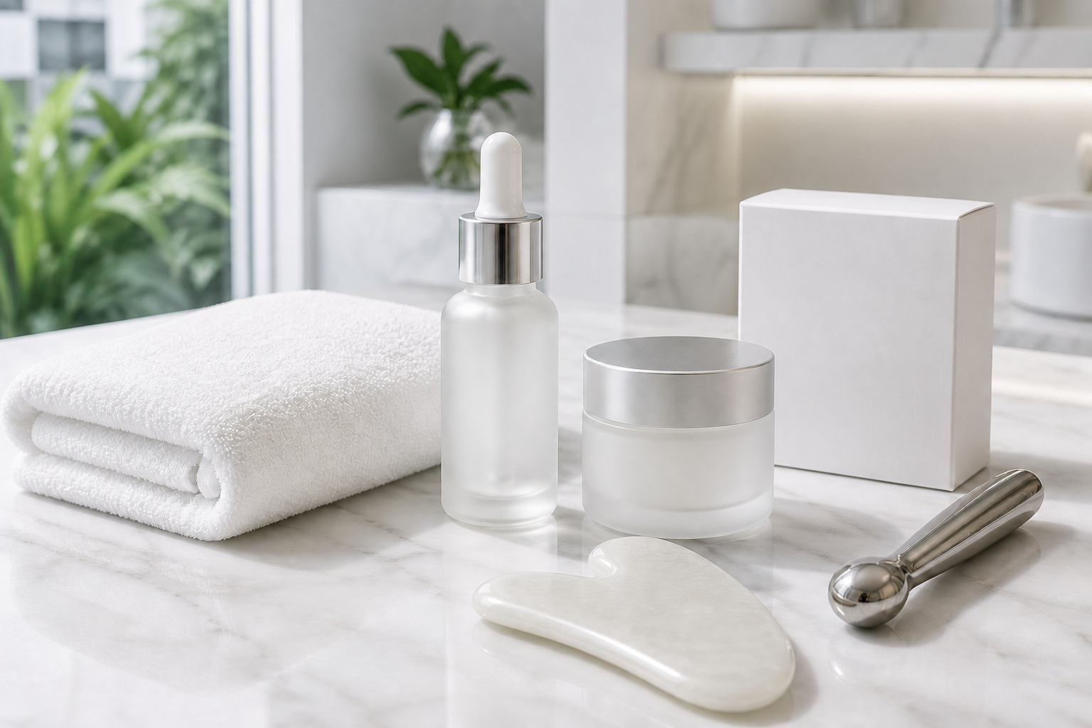 Cooling tools, hydrating products and clean towels prepared for an air-conditioned office skin facial