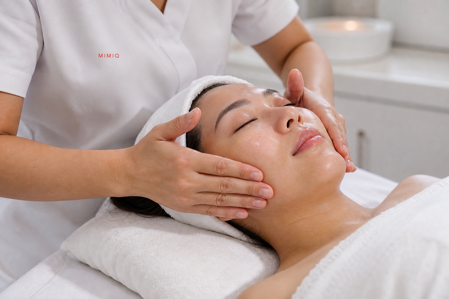 MIMIQ therapist using gentle glide during an air-con skin recovery facial in Bangkok