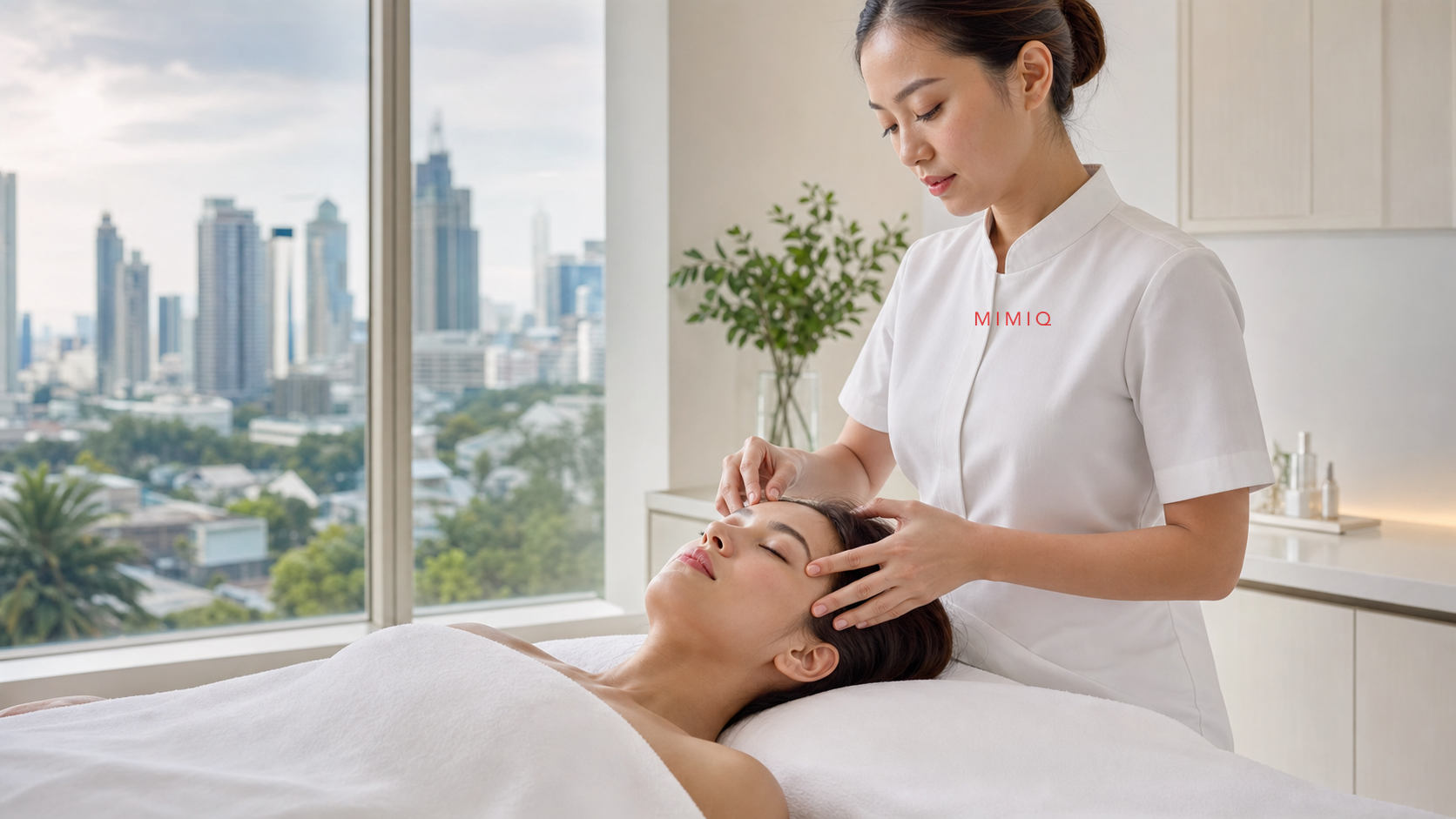 Woman resting with a relaxed brow during a gentle upper-face session at MIMIQ Facial Bar in Bangkok