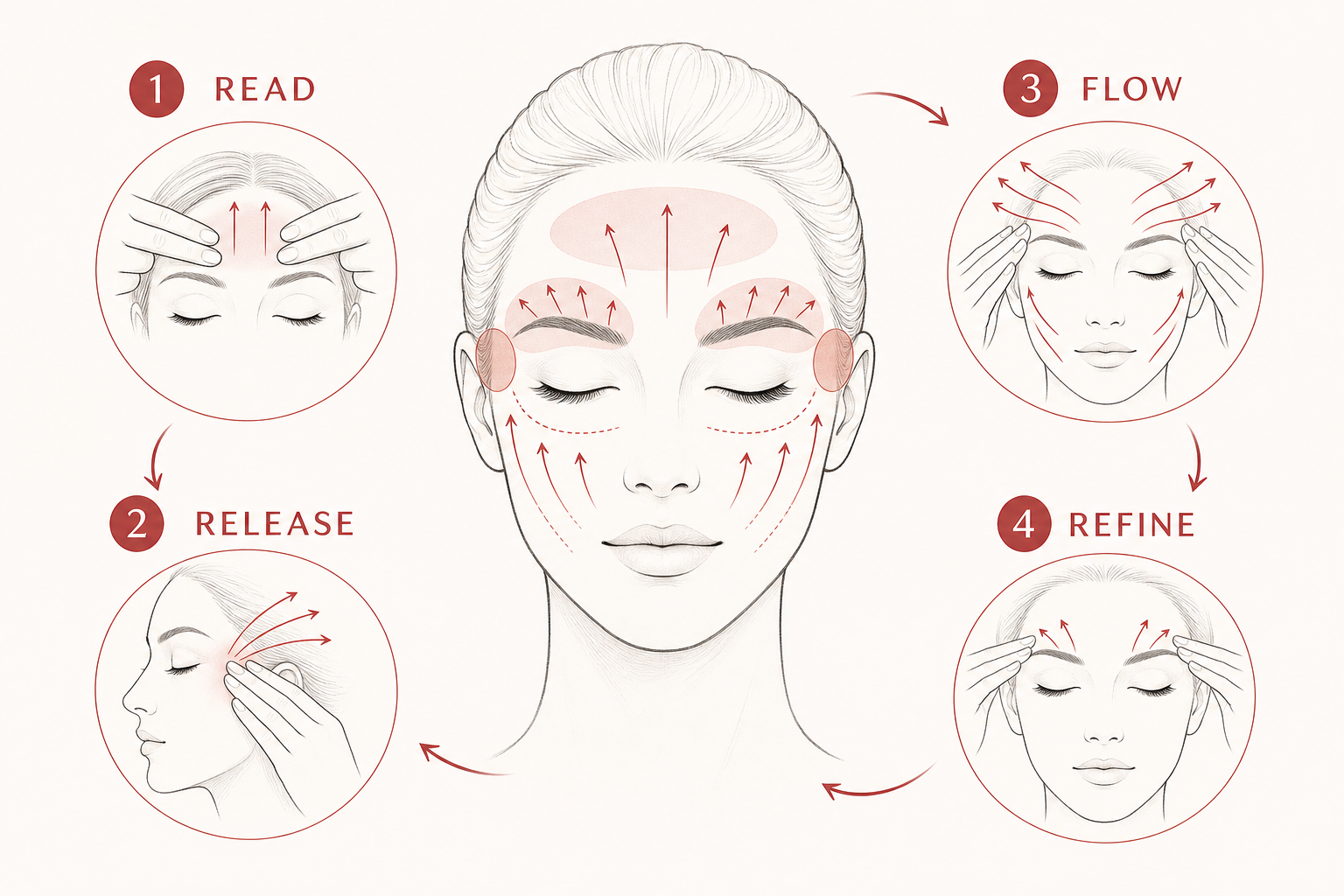 Infographic showing four steps for recognising and easing brow tension from screens and glare