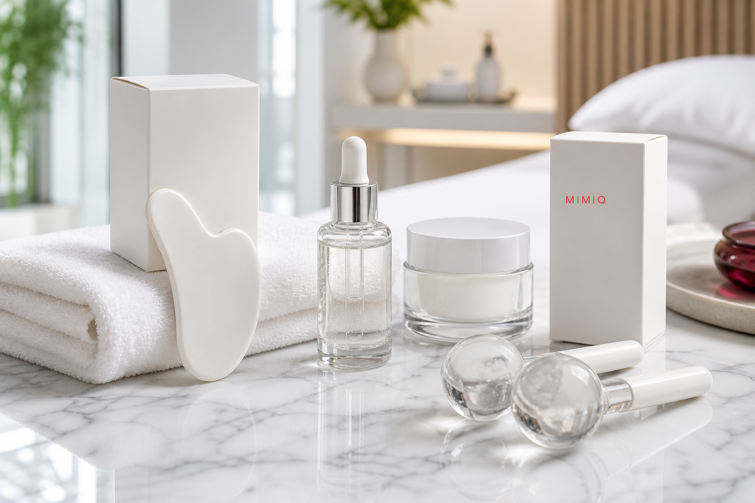 Clean facial tools and folded towels prepared for a brow relaxation session at MIMIQ