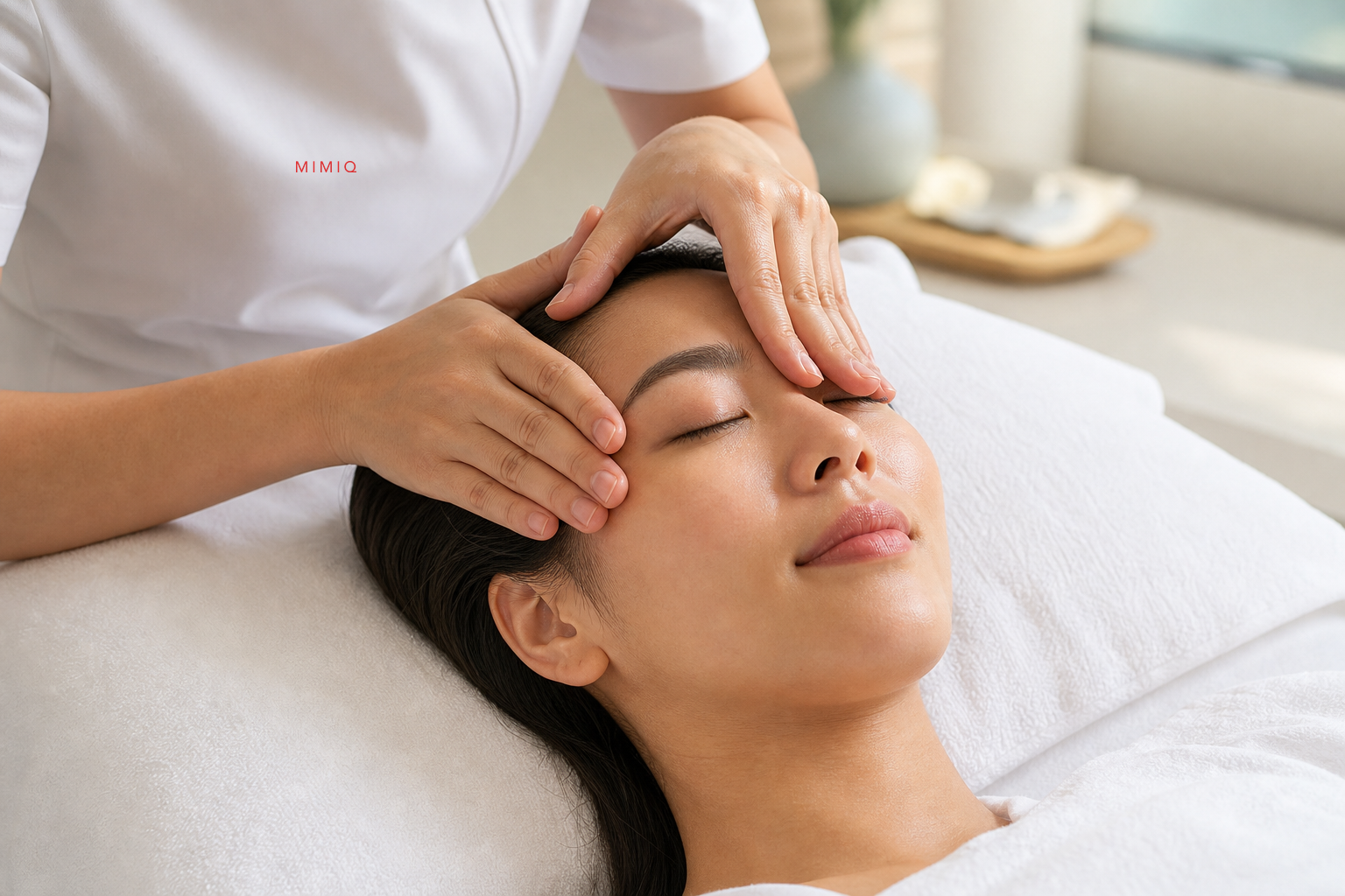 MIMIQ therapist using gentle contact to relax a client’s brow and temple area in Bangkok