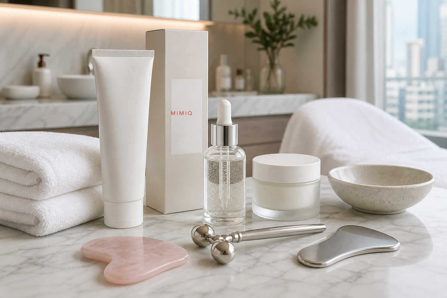 Clean facial massage tools and folded towels prepared for a MIMIQ cheek treatment