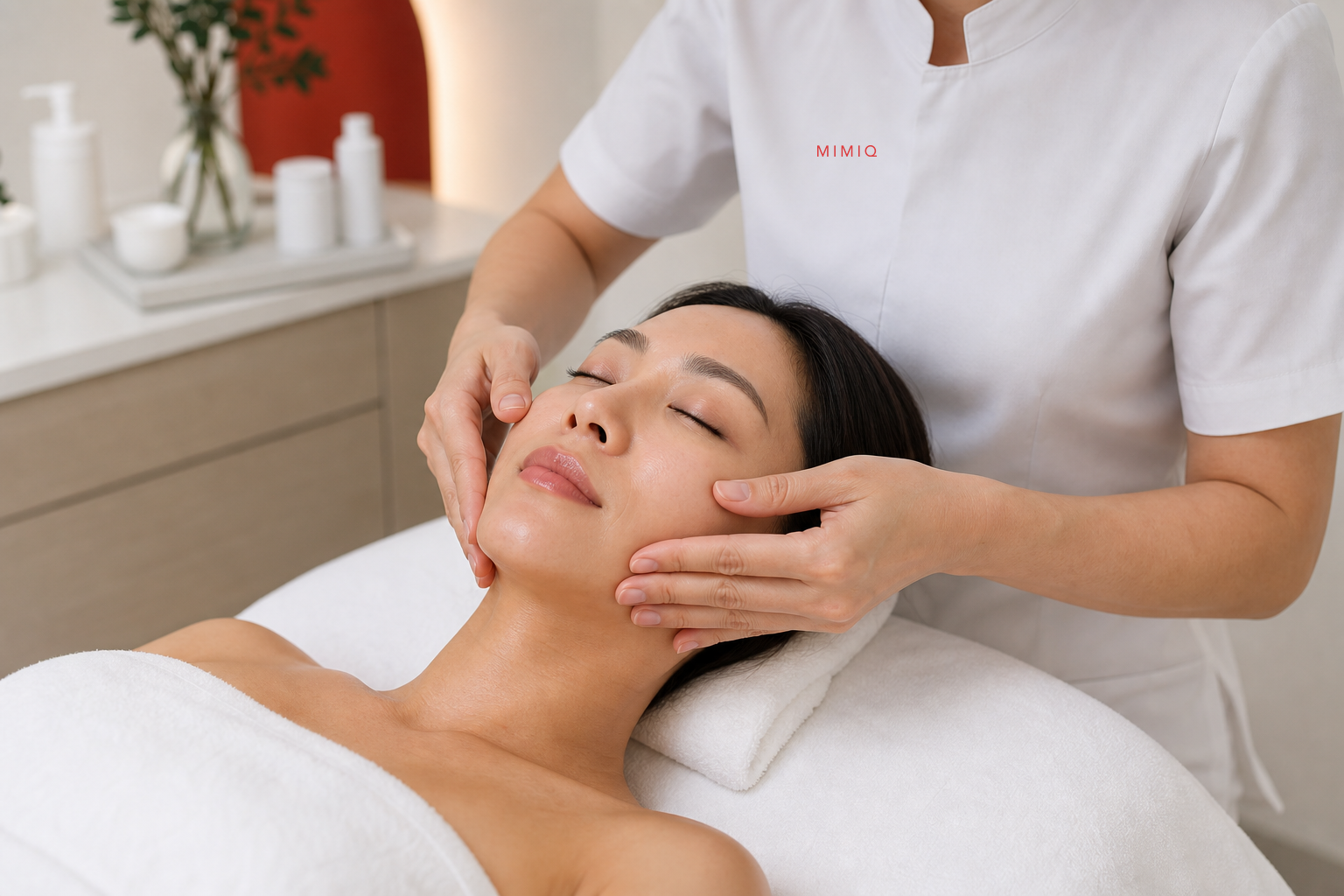 MIMIQ therapist assessing gentle cheek movement during a face workout in Bangkok