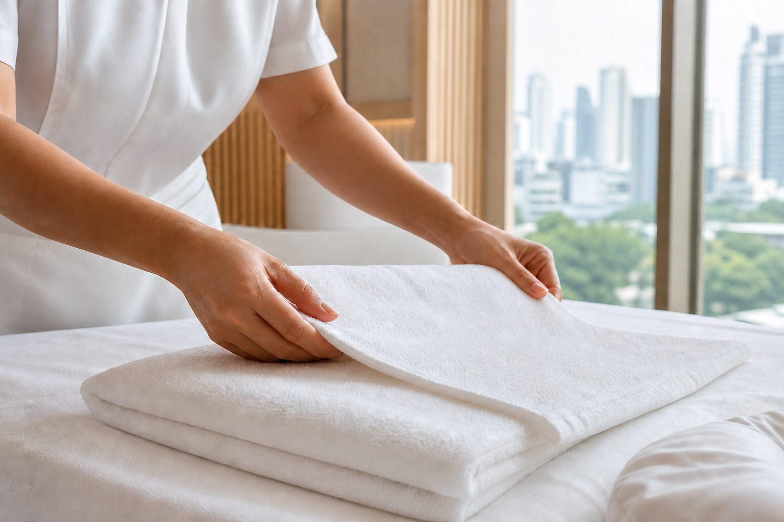 Clean towels and facial treatment tools prepared for a Bangkok commuter recovery session