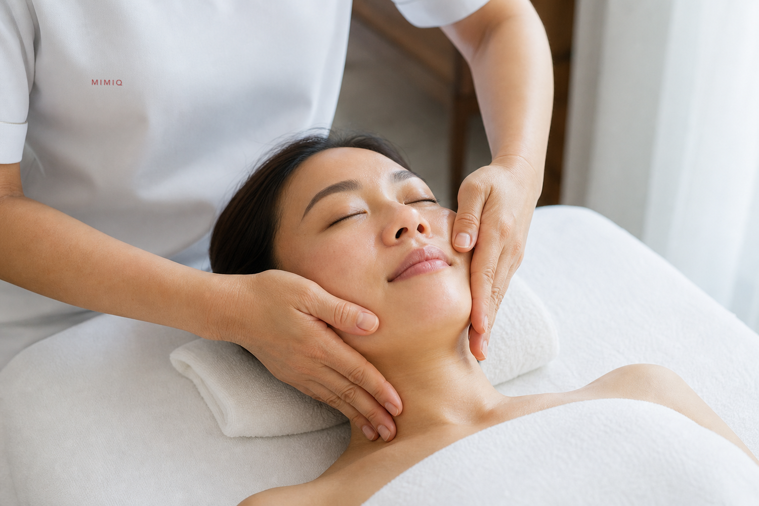 MIMIQ therapist using gentle facial contact for post-commute jaw and temple tension