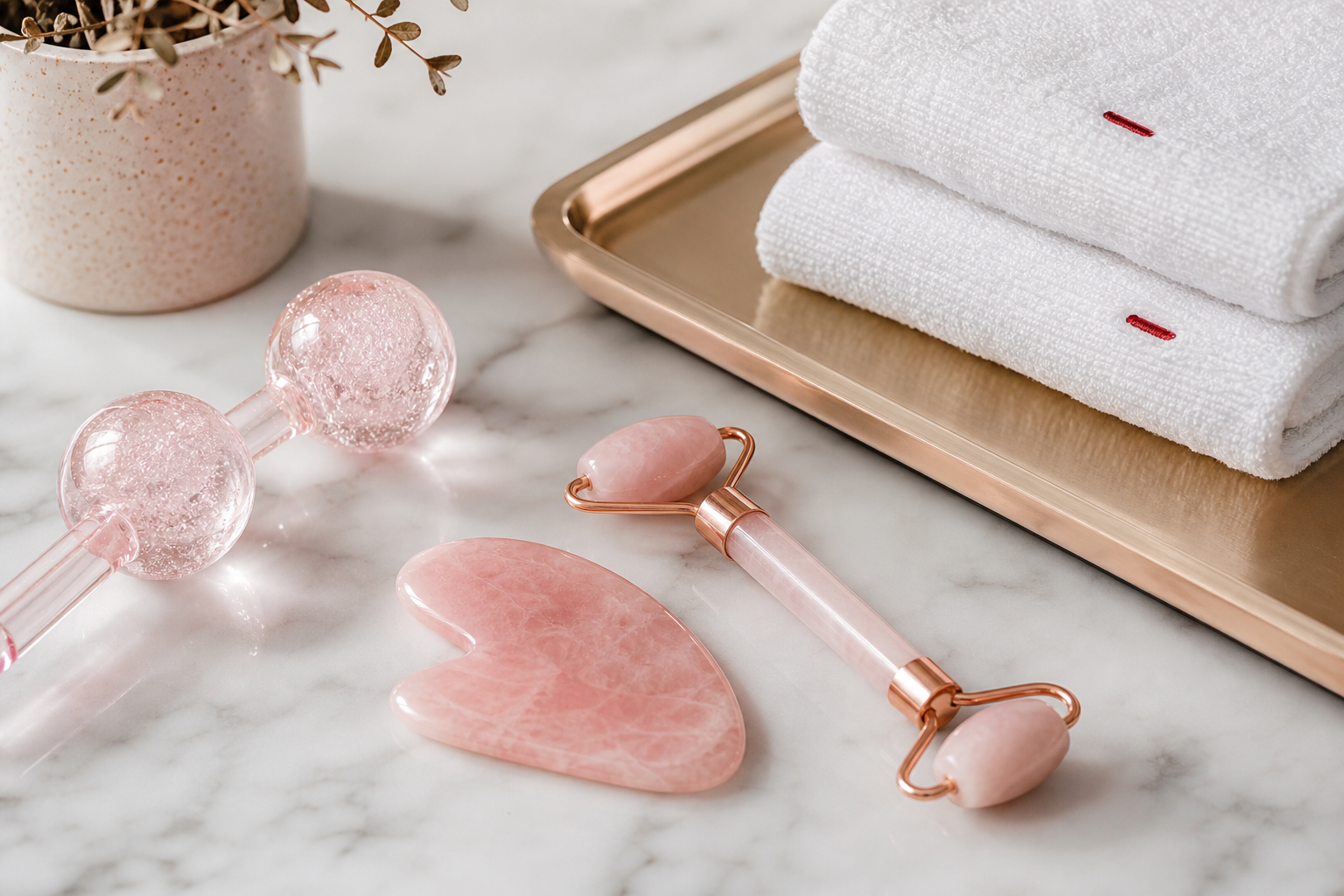 Gua sha, facial roller and cooling globes prepared for a Bangkok facial session
