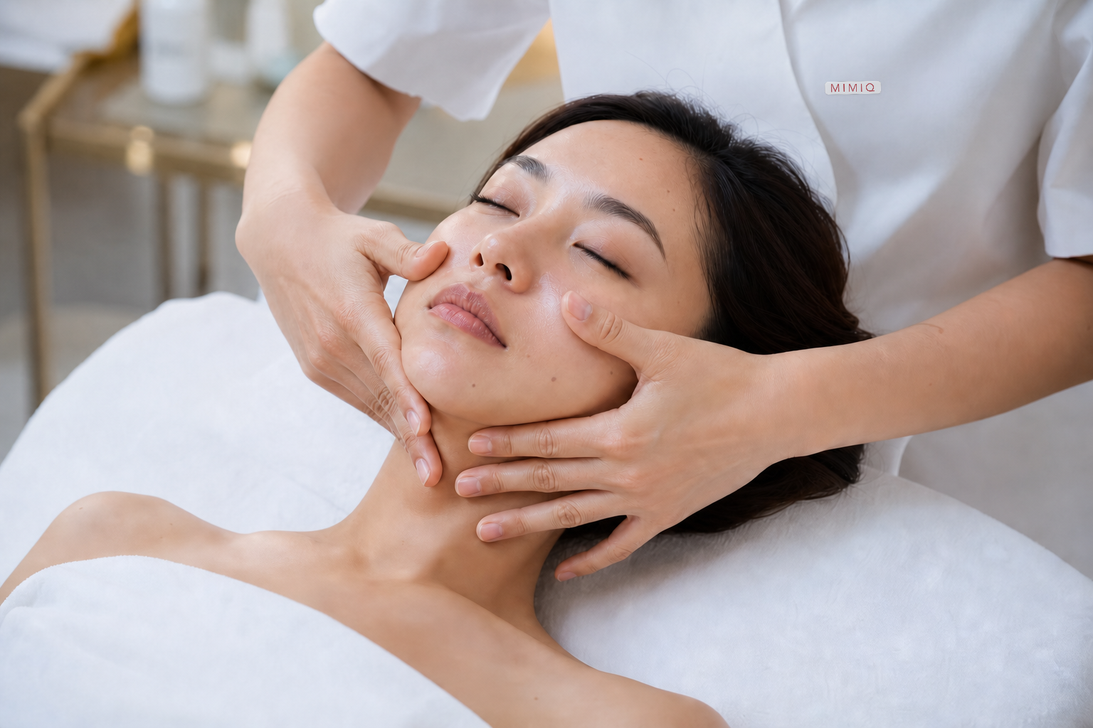 MIMIQ therapist performing a manual cheek and jaw facial workout in Bangkok