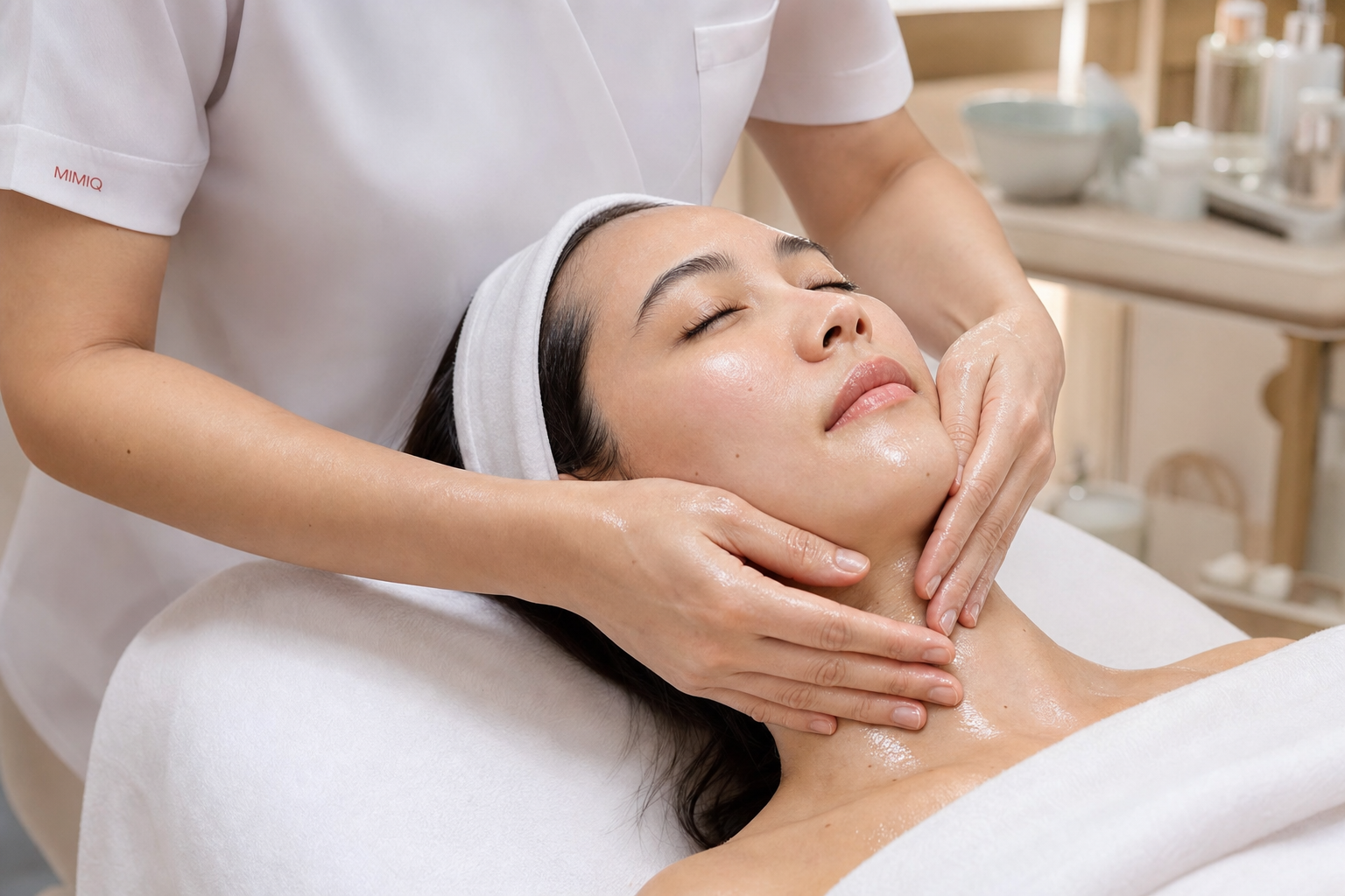 MIMIQ therapist performing a treatment related to face serum facial massage Bangkok