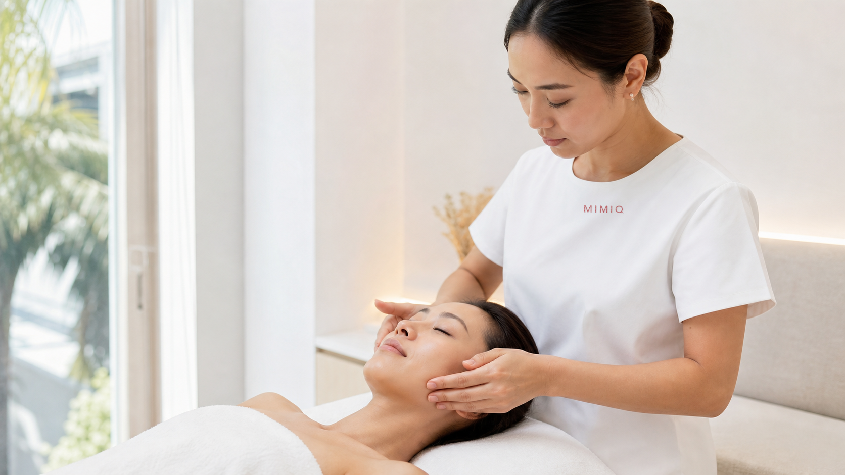 MIMIQ therapist using gentle sustained hand contact during a facial fascia-focused face workout in Bangkok