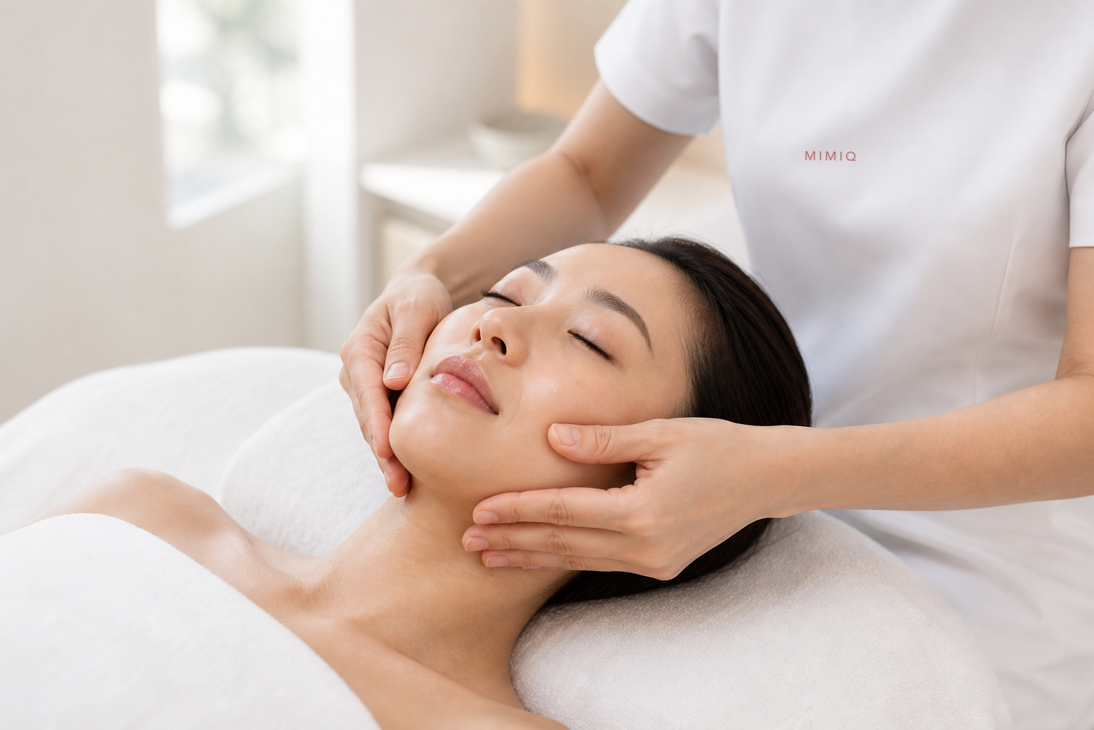 MIMIQ therapist assessing comfortable superficial tissue movement during a facial fascia-focused treatment