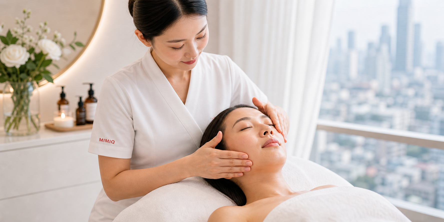Client comparing non-needle facial lift options at MIMIQ Facial Bar in Bangkok