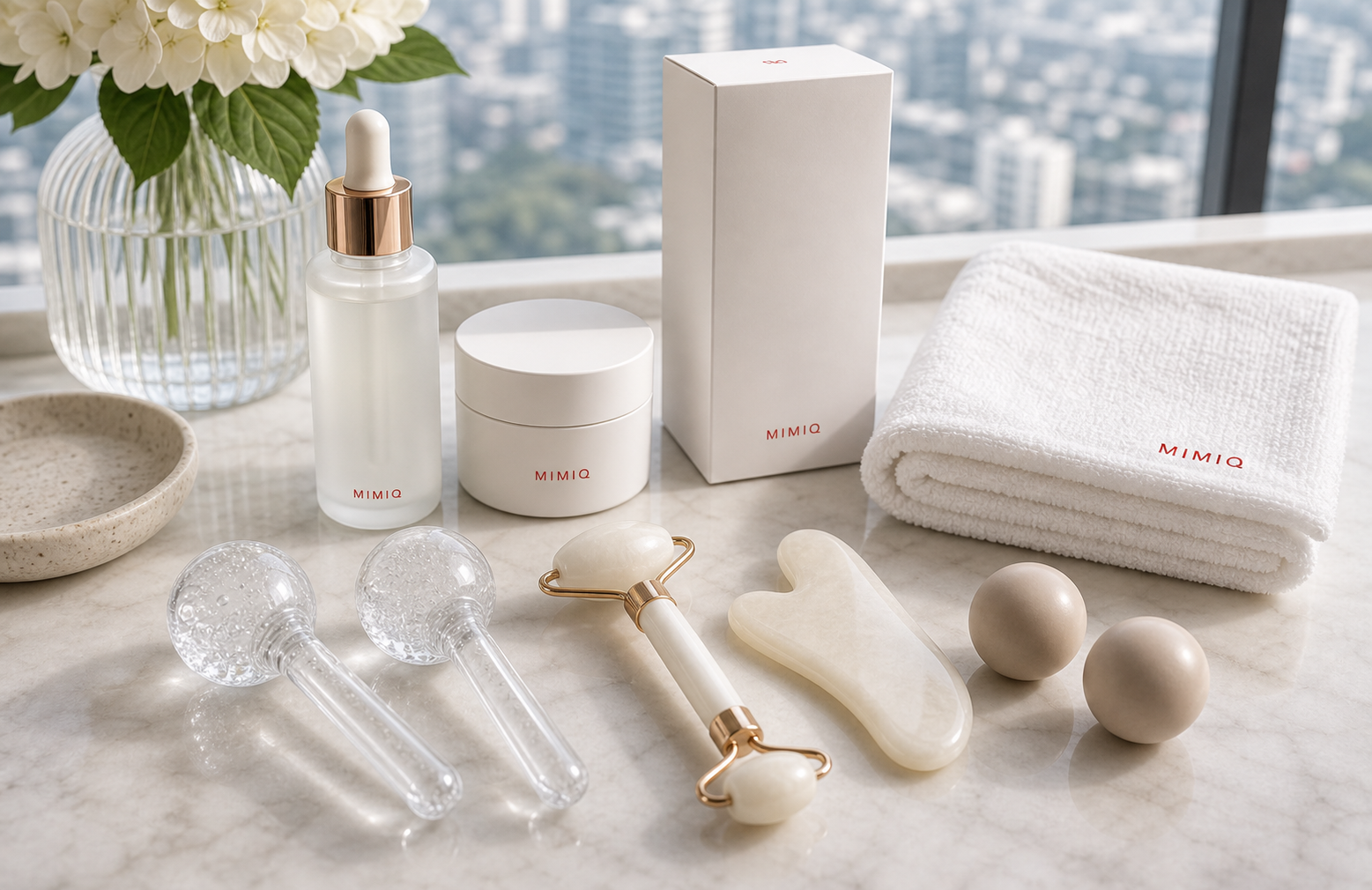 Clean facial massage tools, skincare products and towels prepared at MIMIQ Facial Bar