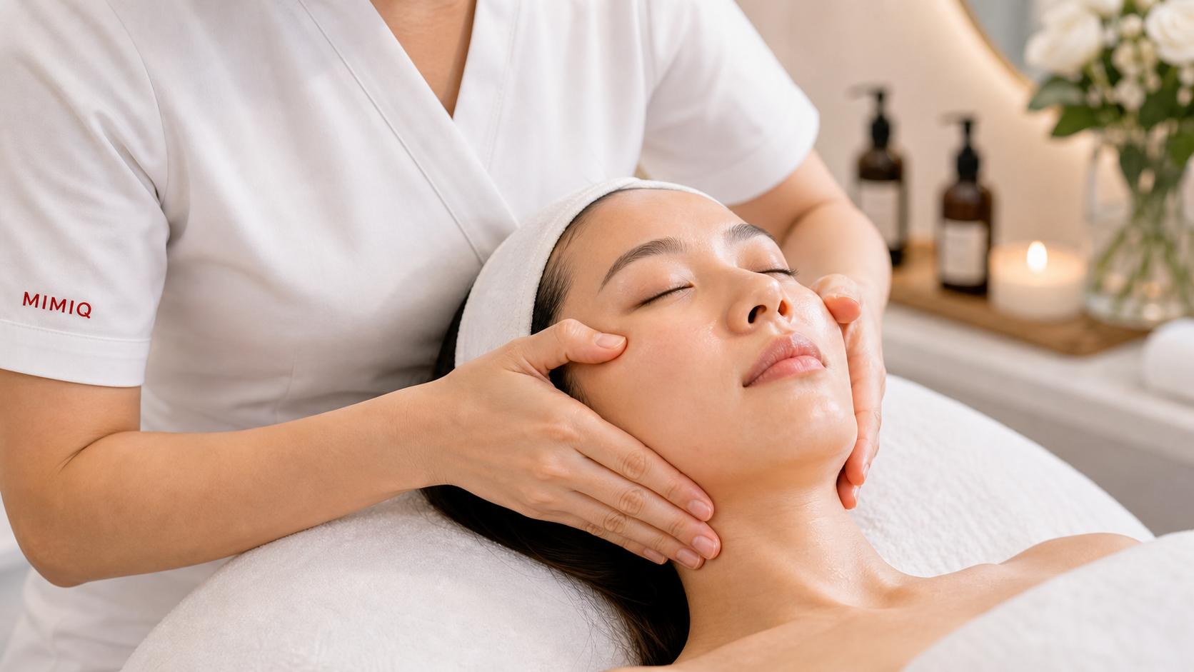 MIMIQ therapist assessing facial tension and puffiness before a needle-free facial in Bangkok