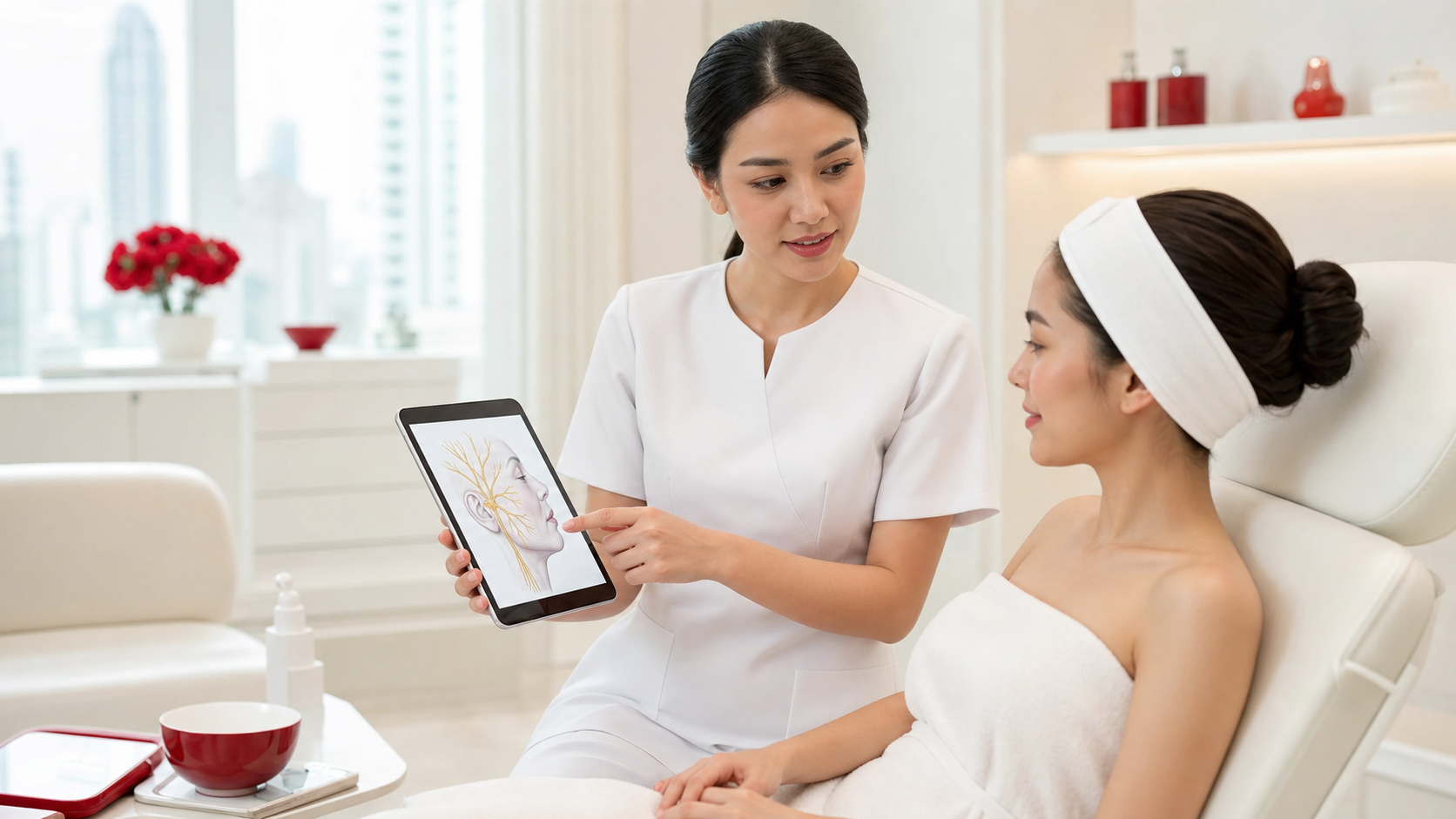 MIMIQ therapist explaining facial nerve safety before face workout in Bangkok