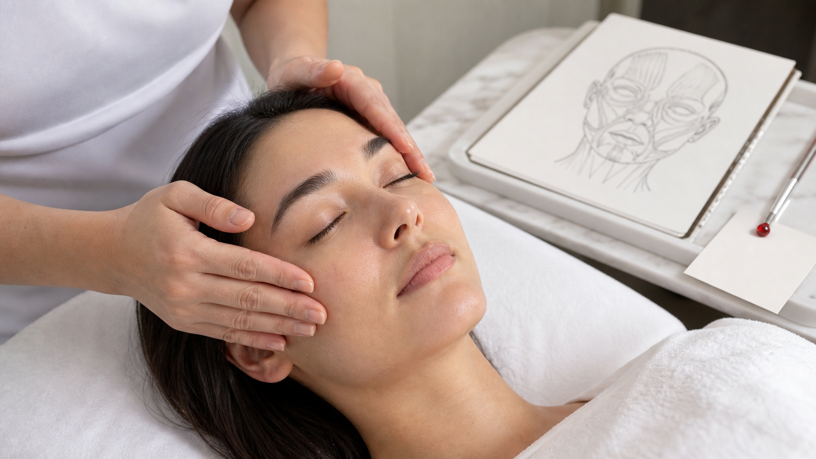 Gentle MIMIQ facial massage technique around temple and cheek for facial nerve safety