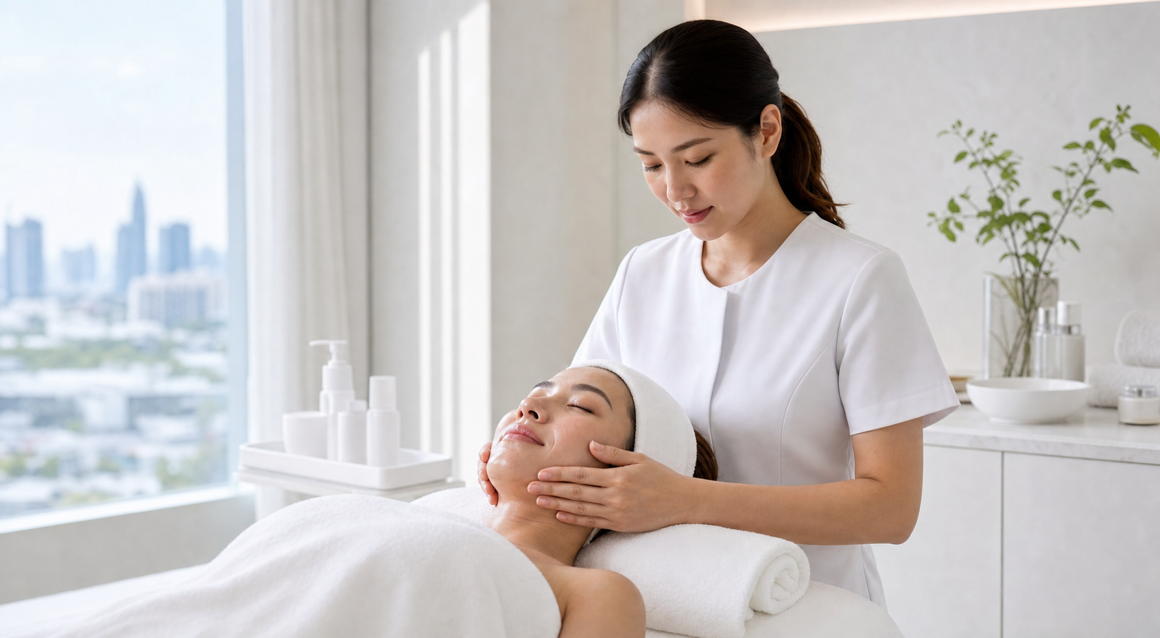Woman calmly observing neutral head, neck and jaw posture in a softly lit Bangkok wellness setting