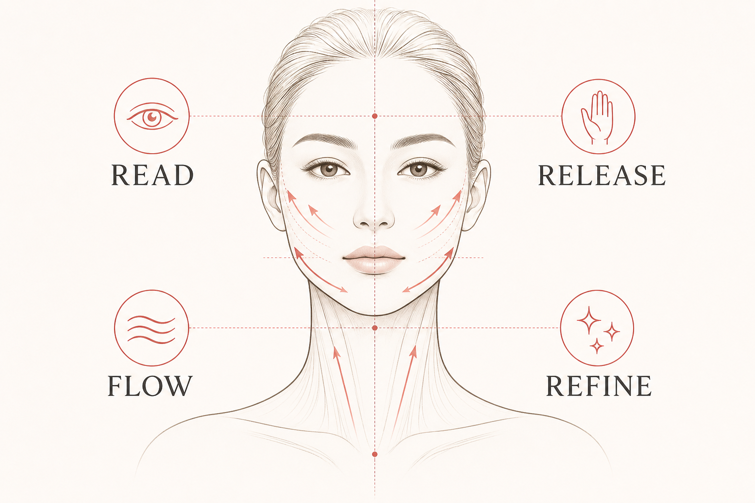 Infographic showing four facial posture checks for head support, jaw ease, comfortable breathing and professional referral