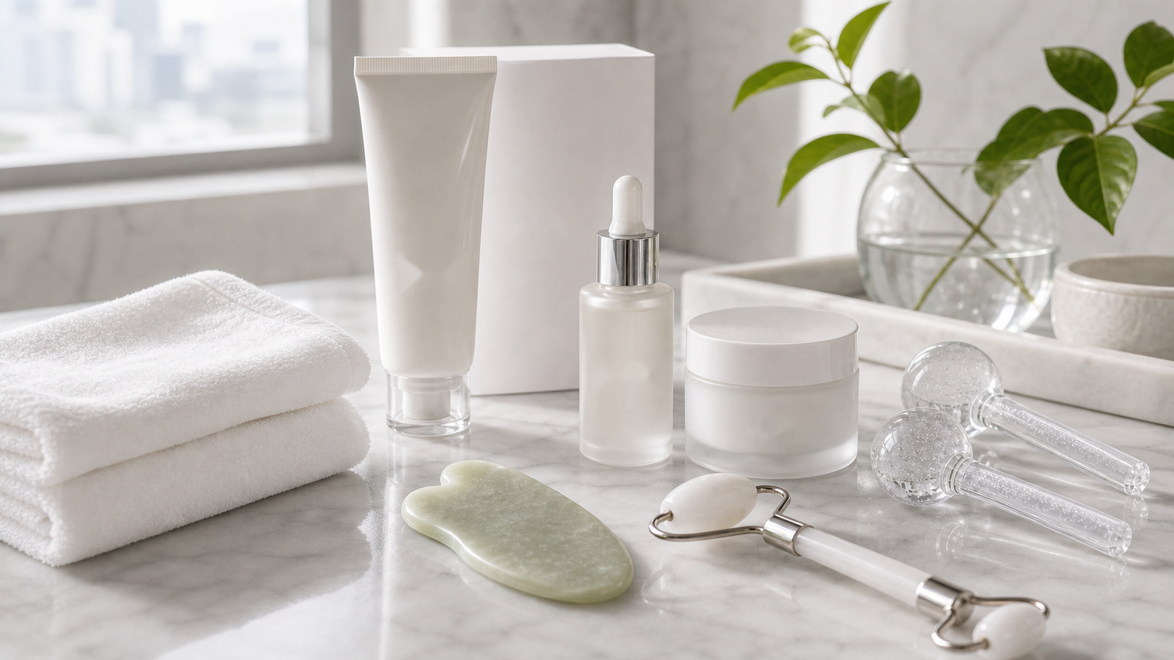 Clean towels and understated facial massage tools arranged for a gentle Bangkok wellness session