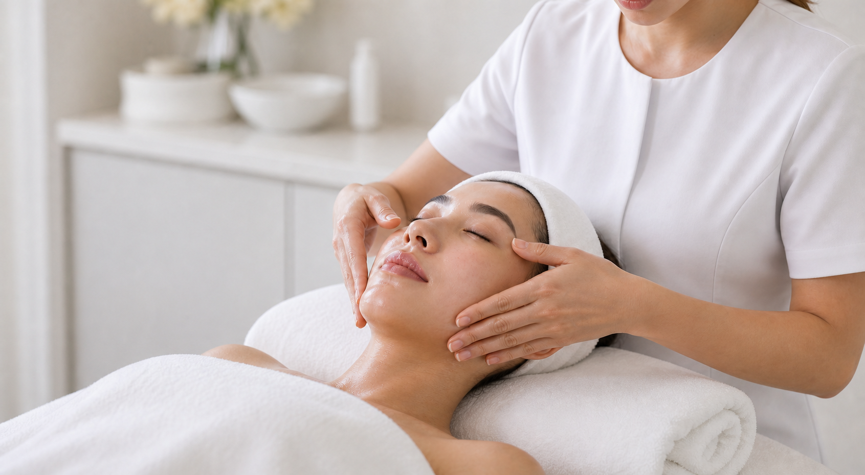 MIMIQ practitioner using gentle touch while a client rests with the head and jaw comfortably supported