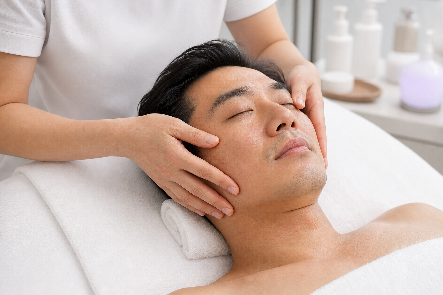 MIMIQ therapist performing a treatment related to facial workout for men Bangkok