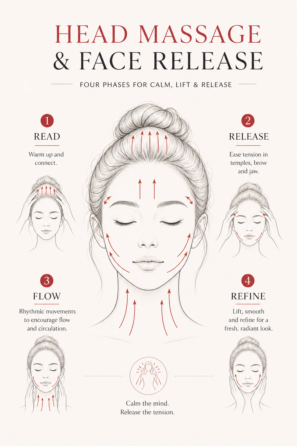 MIMIQ infographic explaining the method for head massage facial Bangkok