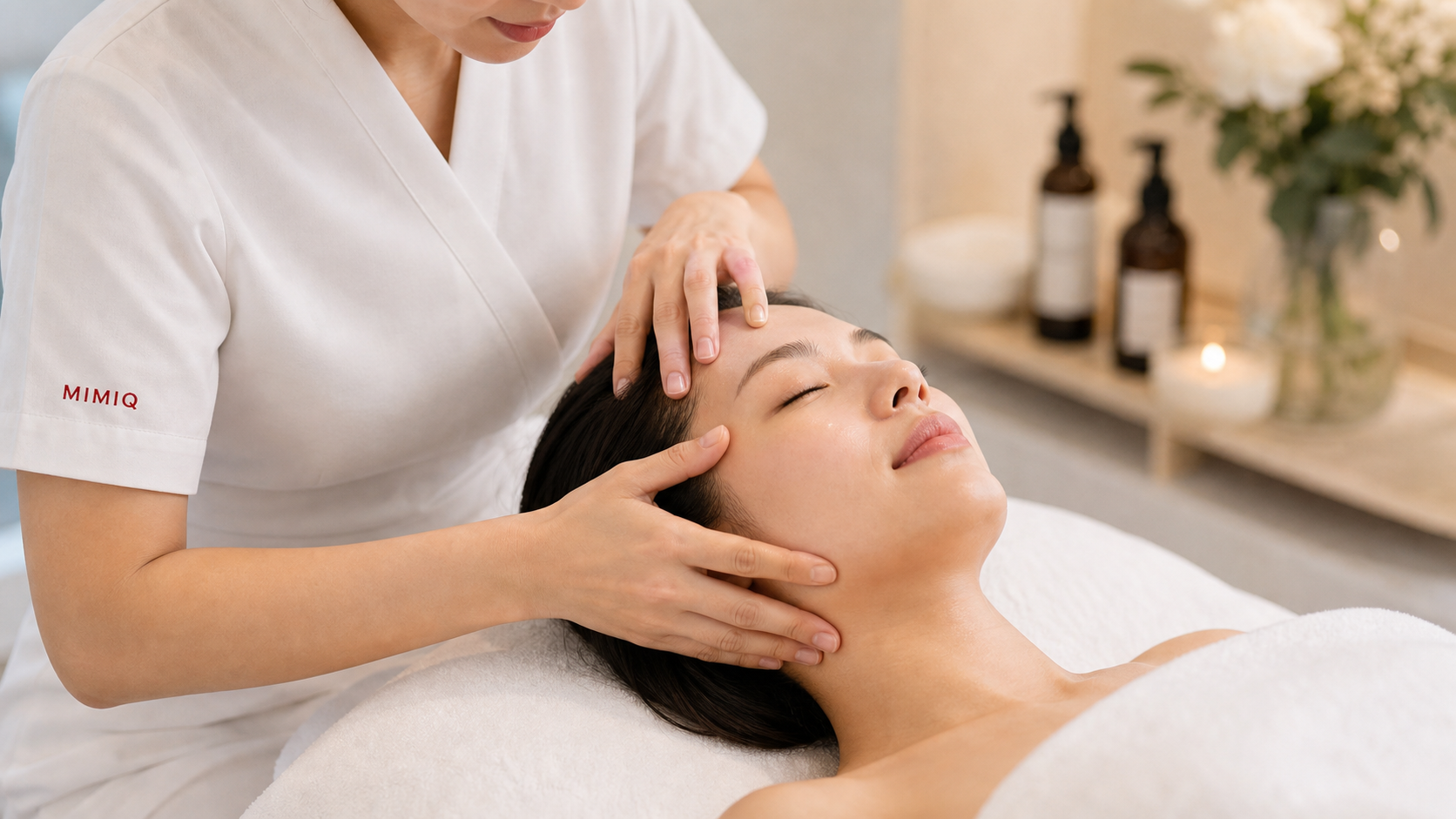 MIMIQ therapist performing a treatment related to head massage facial Bangkok