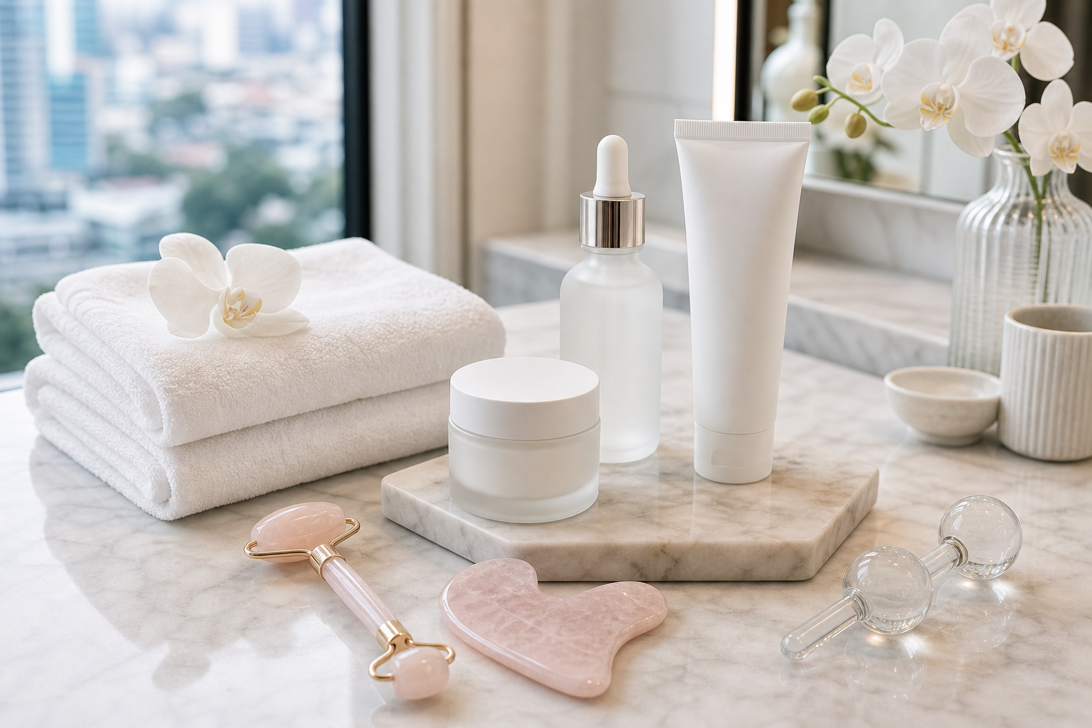 Clean MIMIQ towels and facial tools prepared for a conservative wellness session