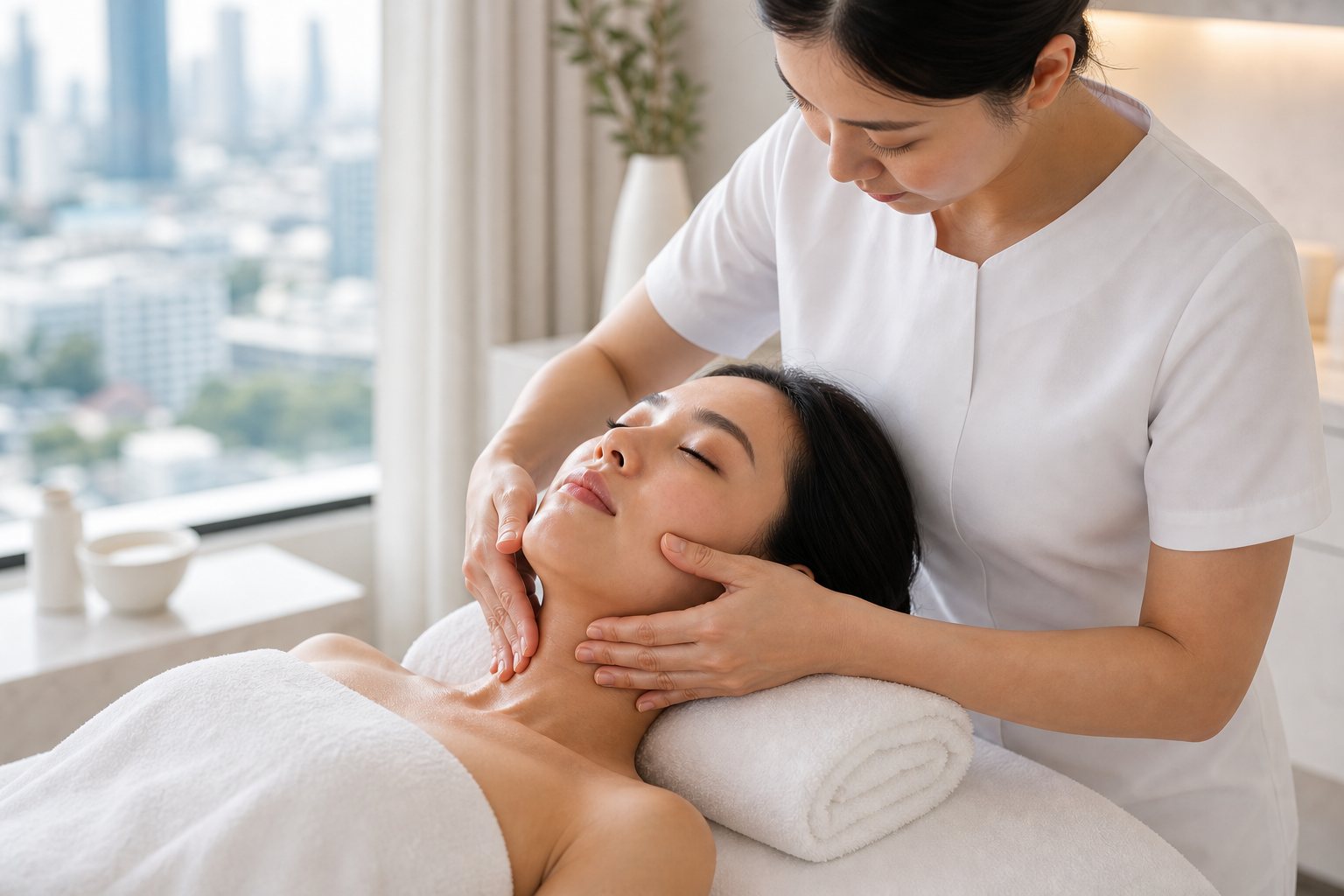 MIMIQ therapist discussing comfort and jaw symptoms before gentle lower-face work