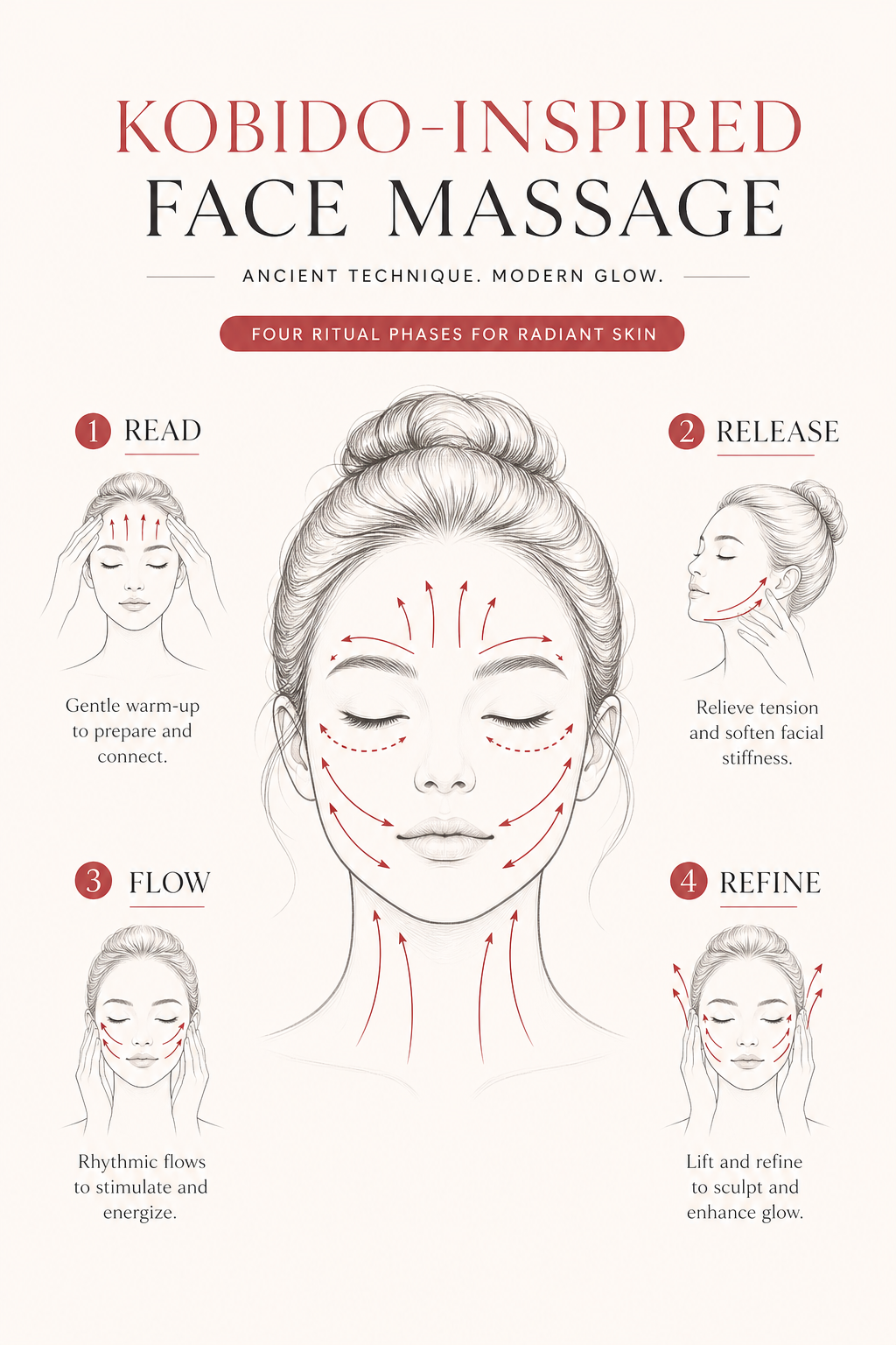 MIMIQ infographic explaining the method for kobido face massage Bangkok