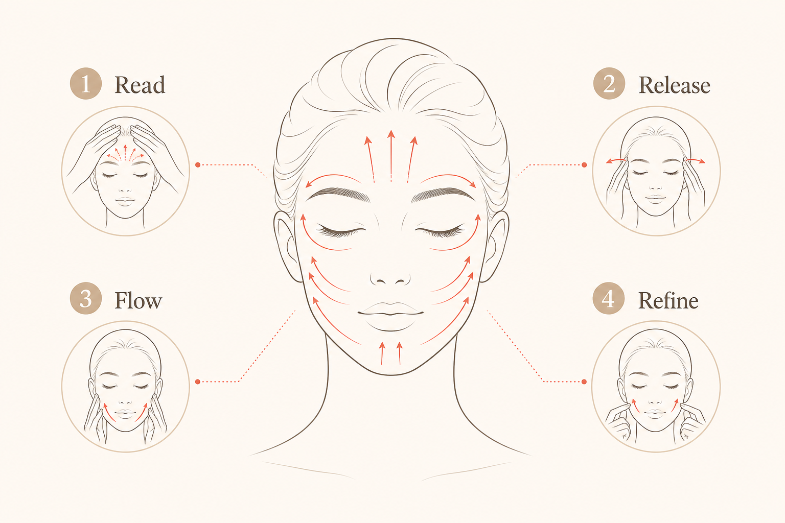 MIMIQ infographic explaining the method for late-night facial massage Bangkok
