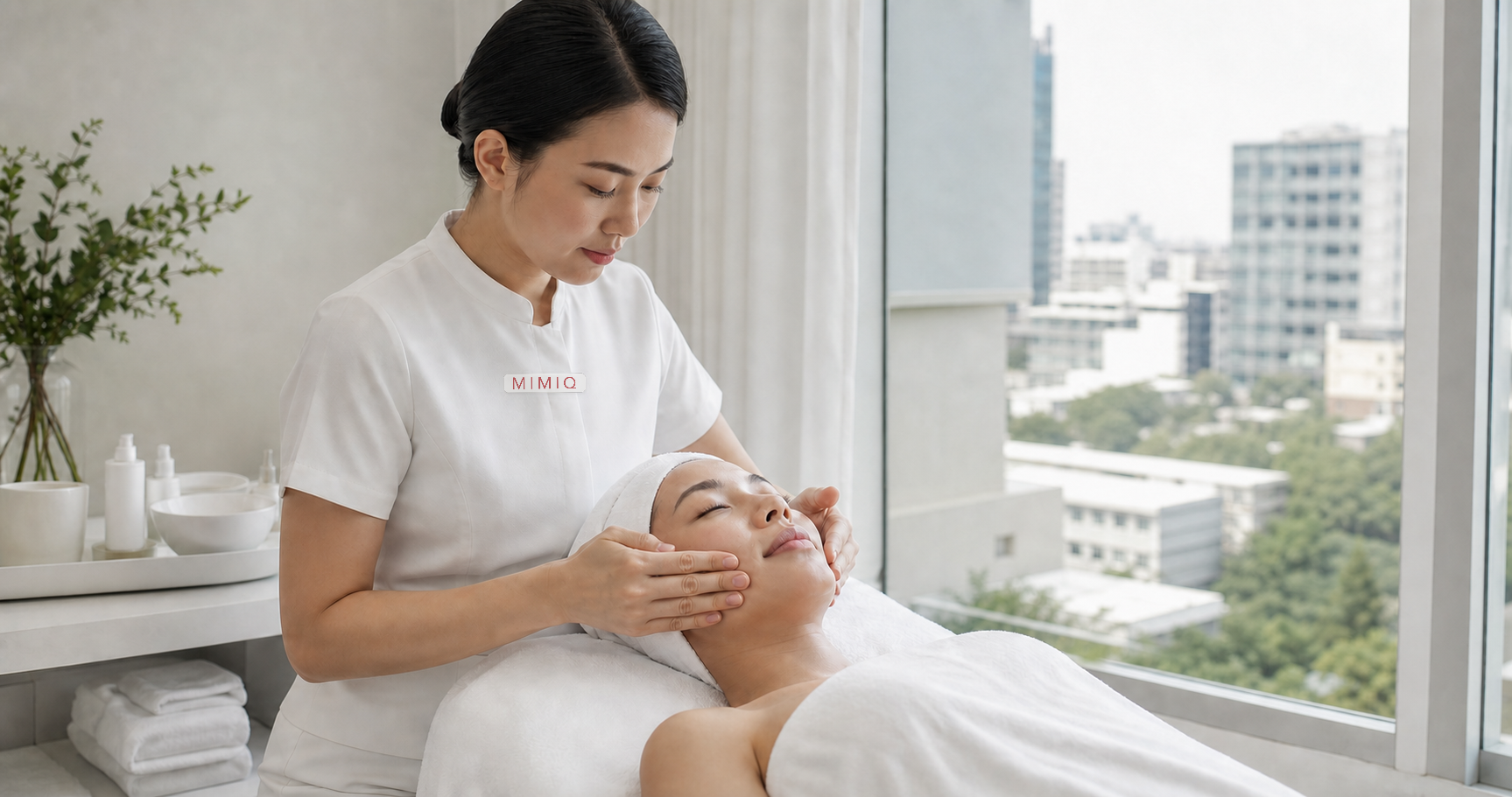 Professional performing gentle external masseter release along the side of a client's jaw in Bangkok