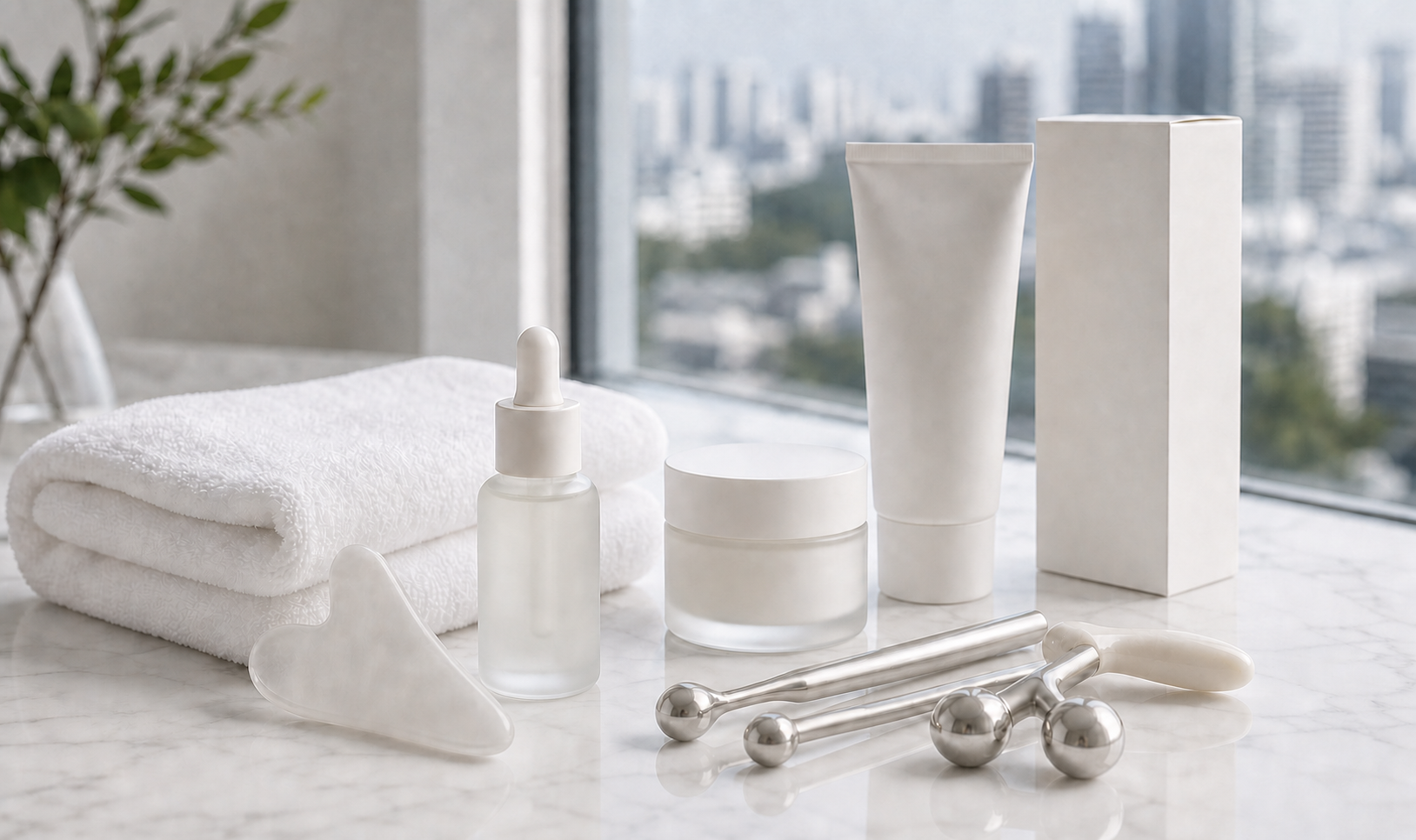 Clean towels and simple facial massage tools prepared for an external masseter session at MIMIQ