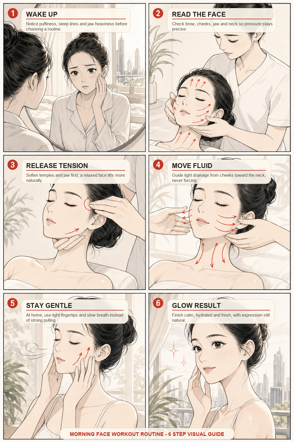 MIMIQ infographic explaining the method for morning face workout Bangkok