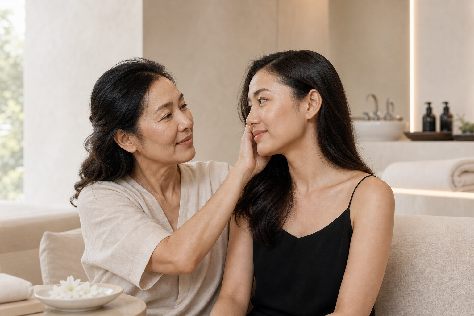 Thai mother and adult daughter sharing a calm moment together in a Bangkok facial studio
