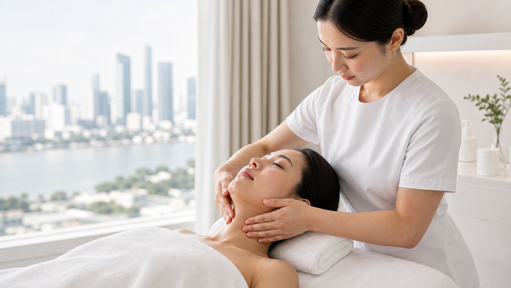 MIMIQ therapist using gentle superficial contact around the shoulder, side of the neck and lower face before jaw work