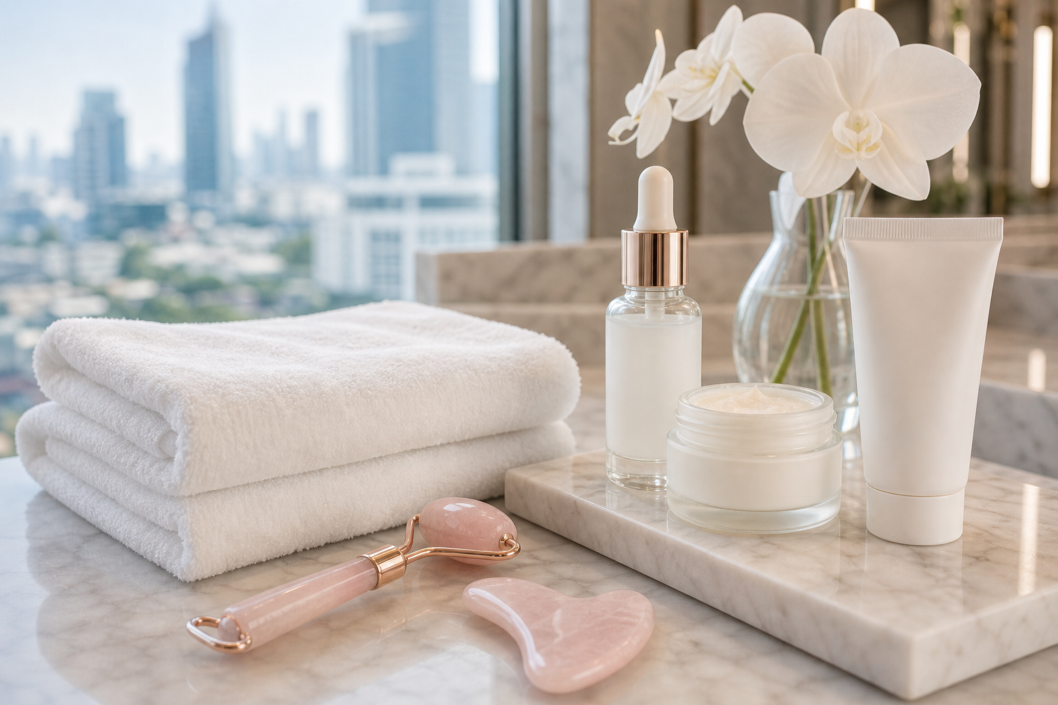 Clean MIMIQ treatment tools and folded towels prepared for a neck and lower-face session